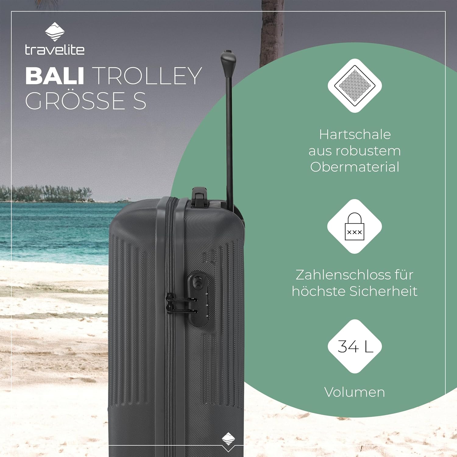 Detalle de travelite BALI Handgepäck Trolley klein (55 x 39 x 20 cm) mit Hartschale, 4 Doppelrollen & Zahlenschloss