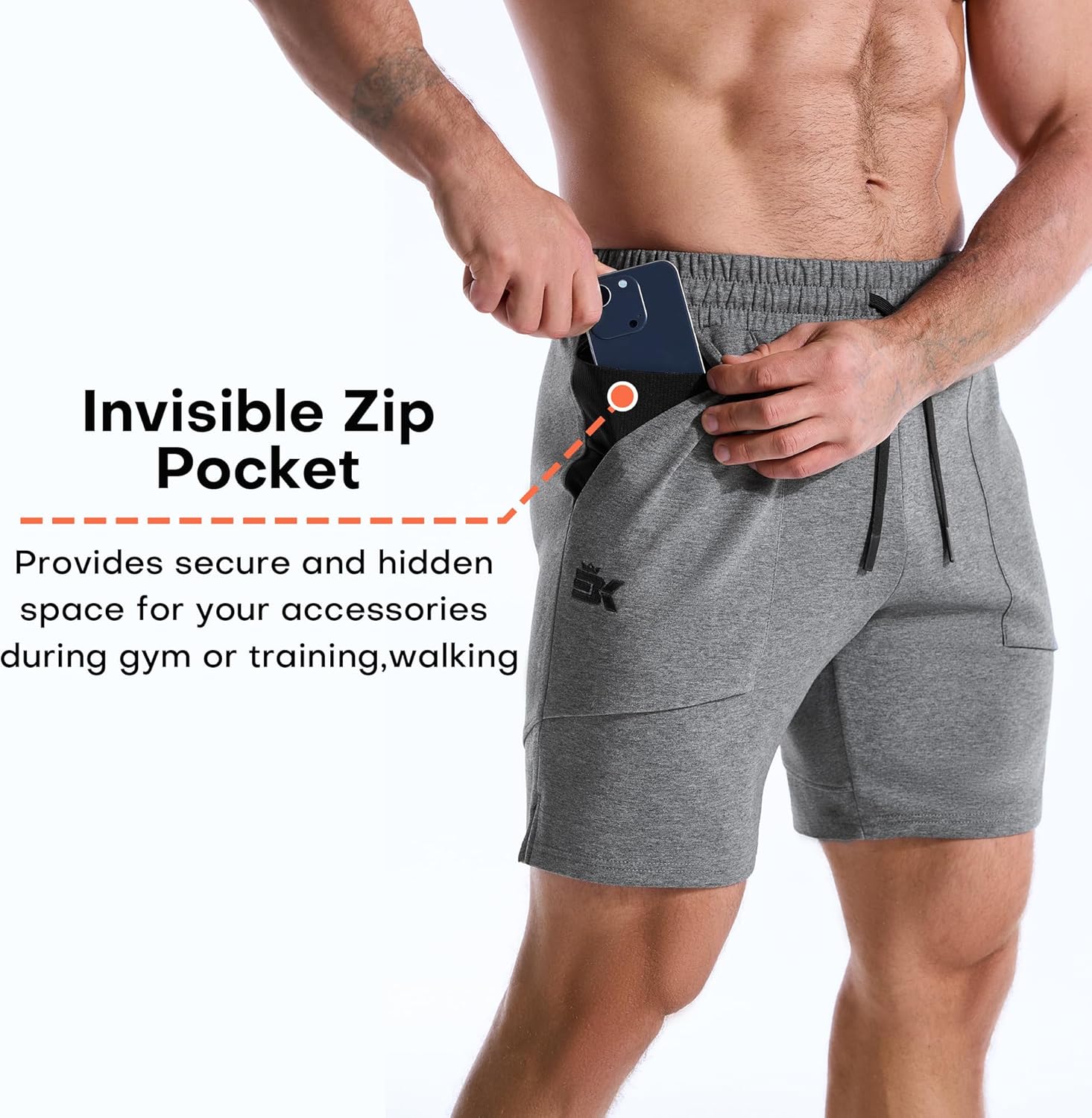 Detalle de BROKIG Mens Zero Armor Gym Shorts with Zip Pockets – seamless internal pocket comfort for training