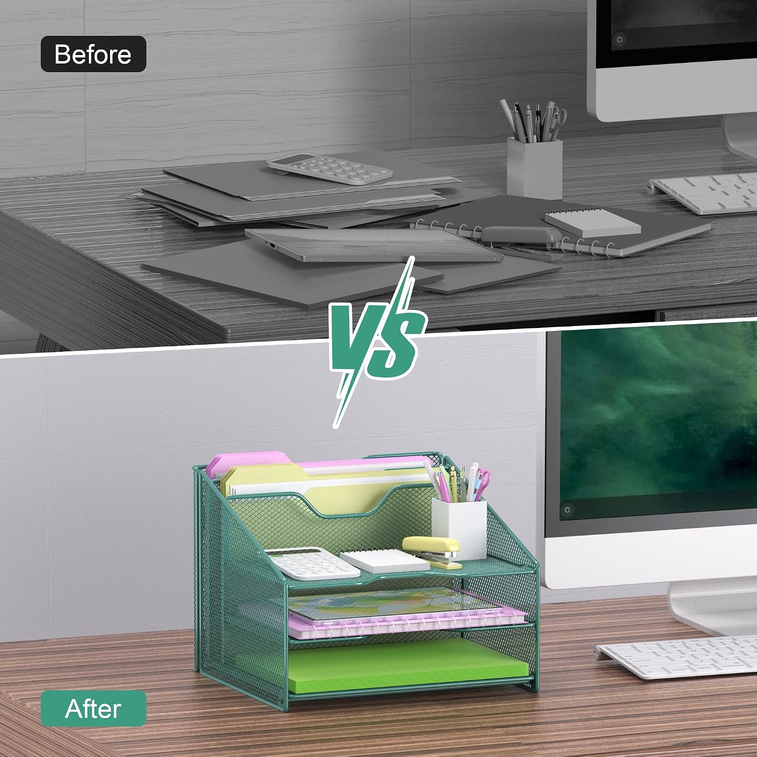 Detalle 2 de Samstar SS-00148 Green Mesh Desk File Organizer with 3 Trays and 2 Upright Sections