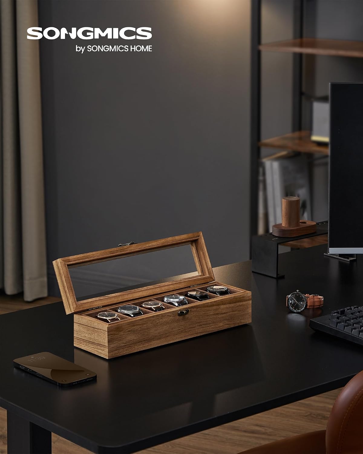 Detalle 2 de SONGMICS Uhrenbox JOW006K01 – Massivholz Uhrenkasten mit Glasdeckel, 6 Fächer, Walnuss