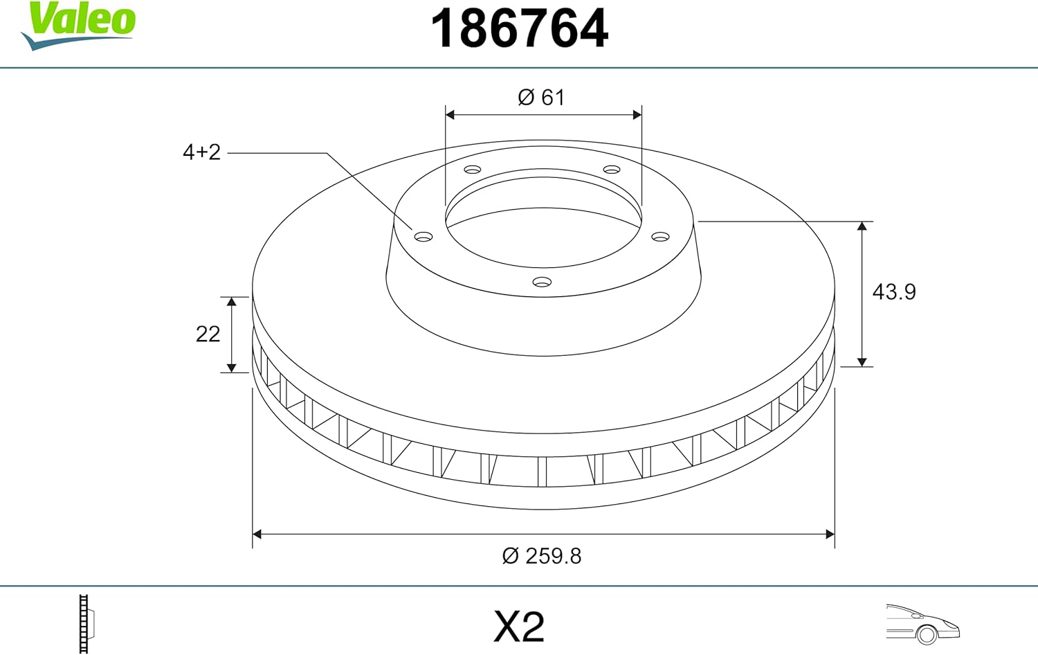 Thumbnail 2 de VALEO 186764 Set dischi freno 2 – Freno anteriore ventilato Ø260 x 22 mm