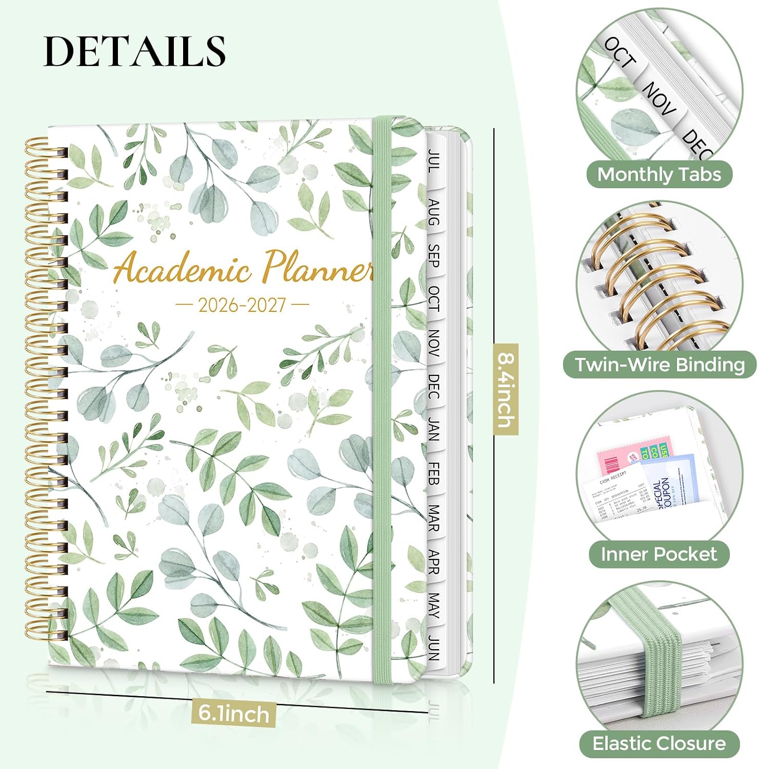 Detalle 2 de KONVINIT Academic Planner 2026-2027, A5 Green Leaves Monthly Planner