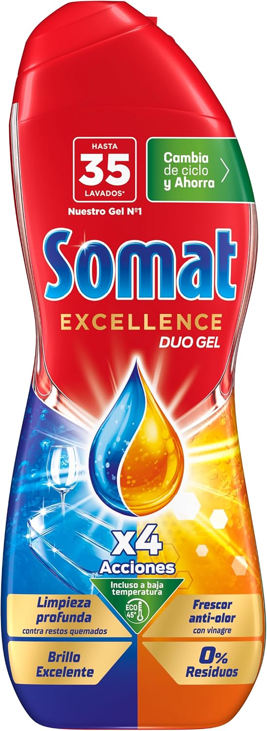 Detalle de Somat Excellence Duo Gel Frescor Anti-Olor (2x560 ml) detergente lavavajillas todo en 1 con vinagre