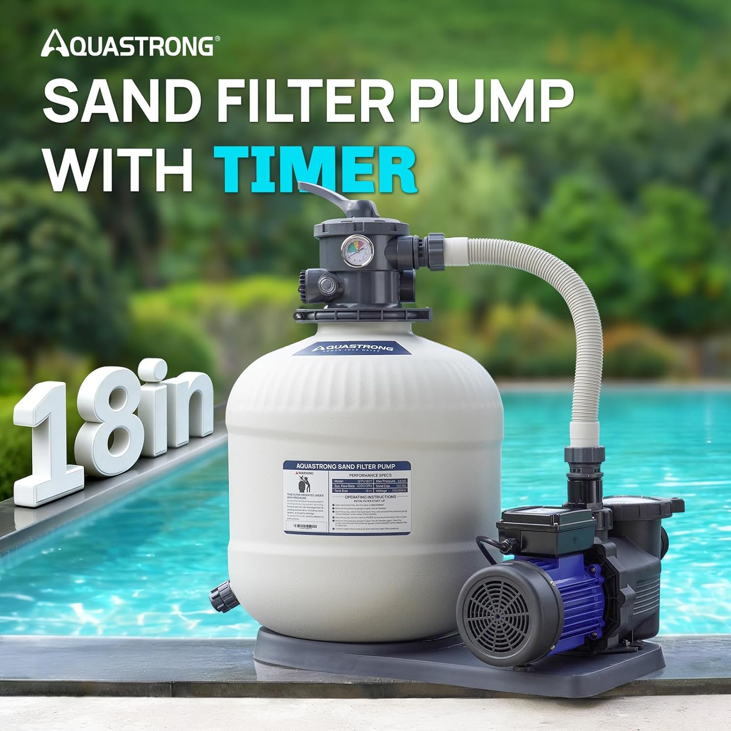 Detalle 2 de AQUASTRONG 18-inch Sand Filter Pump for Above Ground Pools with Timer and 6-Way Valve