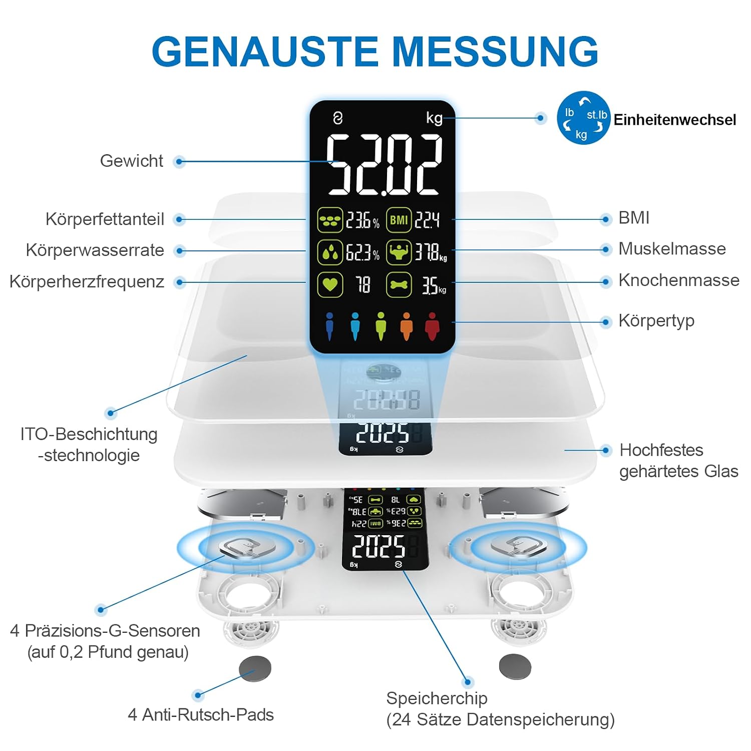 Thumbnail 1 de Lepulse Körperfettwaage Lescale F4 – Personenwaage mit Körperfettanalyse, 22 Messwerten und großem Farb-Display (weiß)