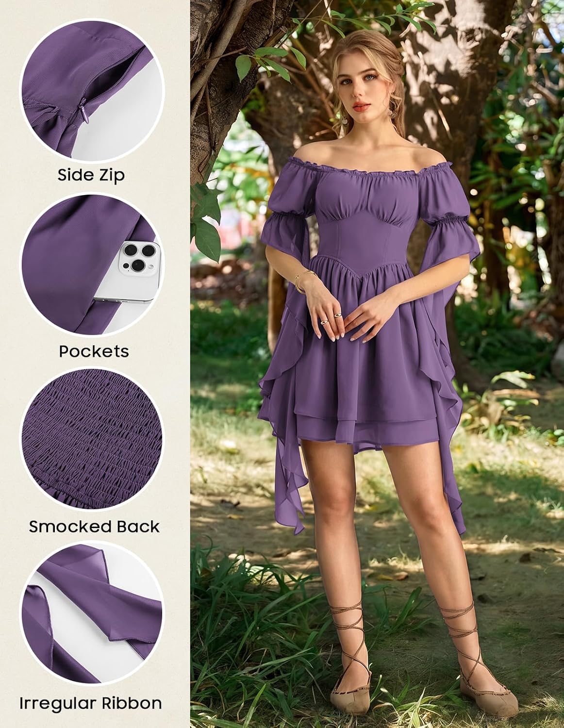 Thumbnail 3 de Scarlet Darkness Renaissance Mini Dress with Off-Shoulder Ruffles and Pockets