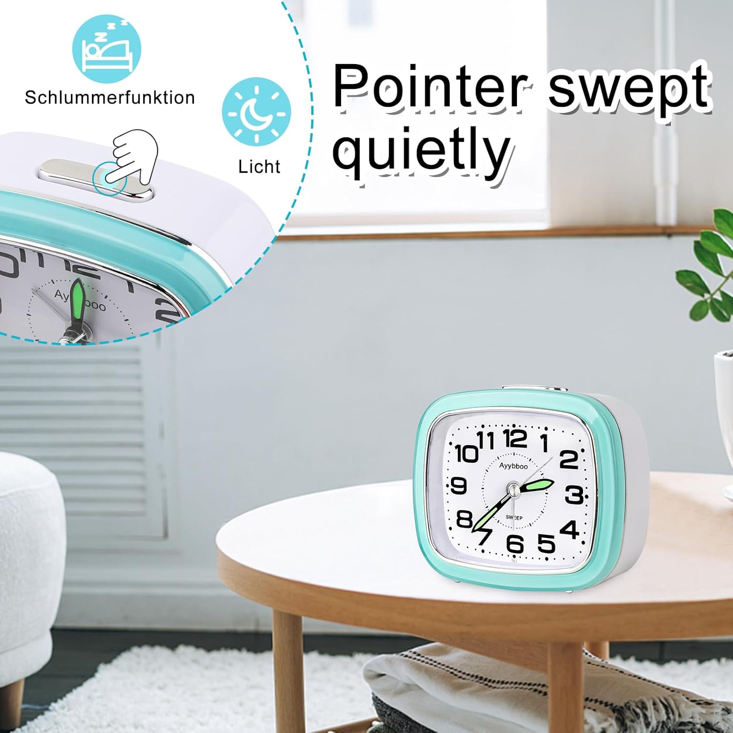 Thumbnail 3 de Ayybboo Alarm Clock Bedside: Silent Analogue Travel Alarm with Night Light and Snooze (Green)