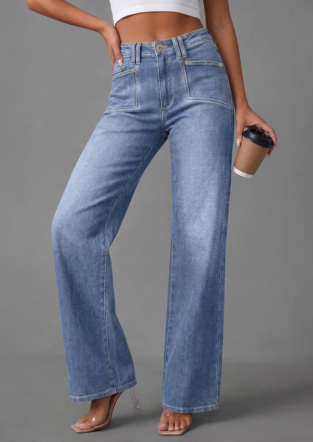 Thumbnail 2 de PRETTYGARDEN High-Waisted Wide-Leg Jeans for Women, Stretch Denim with Pockets