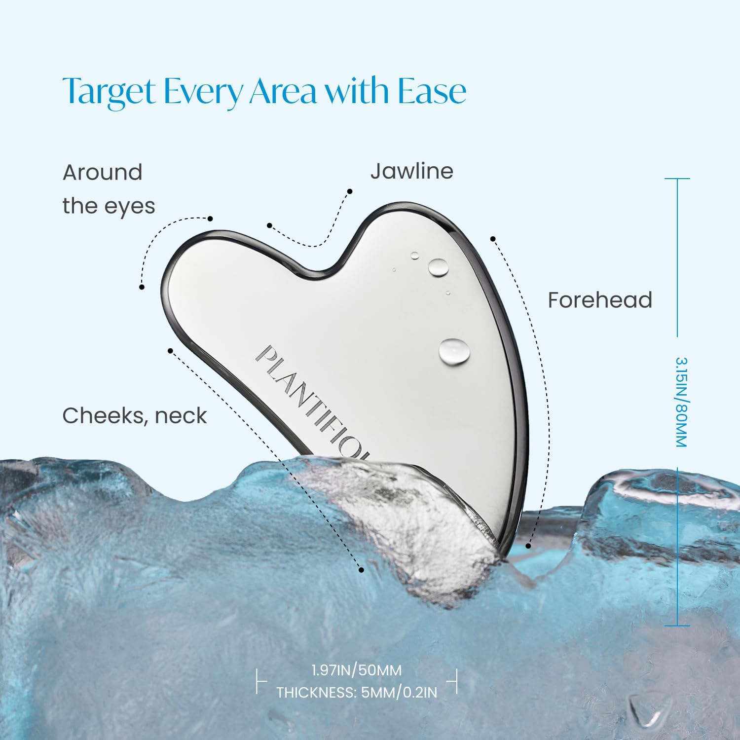 Detalle de PLANTIFIQUE Stainless Steel Gua Sha Facial Tool (Heart-Shaped) with Travel Pouch