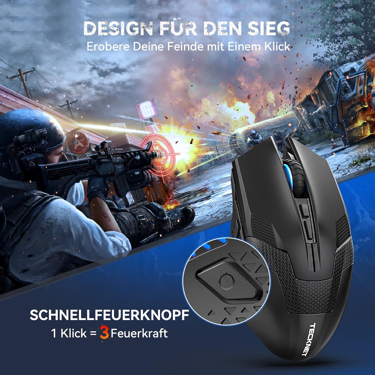 Thumbnail 1 de TECKNET kabellose Gaming-Maus (2,4 GHz) mit Schnellfeuertaste, 8 Tasten, 4800 DPI – ergonomisch für PC, Mac & Laptop