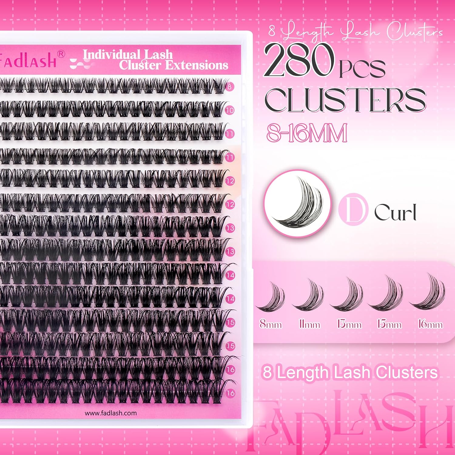 Detalle de Fadlash DIY Wimpern Extensions 0.07 D-8-16mm 60D Einzeln Wimpern Cluster – Für Anfänger