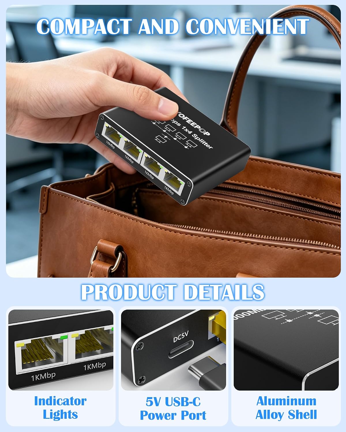 Thumbnail 3 de YOFEEPOP 4-Port Gigabit Ethernet Splitter (1 to 4) with USB Power – 1000Mbps, Cat8/7/6 Compatible
