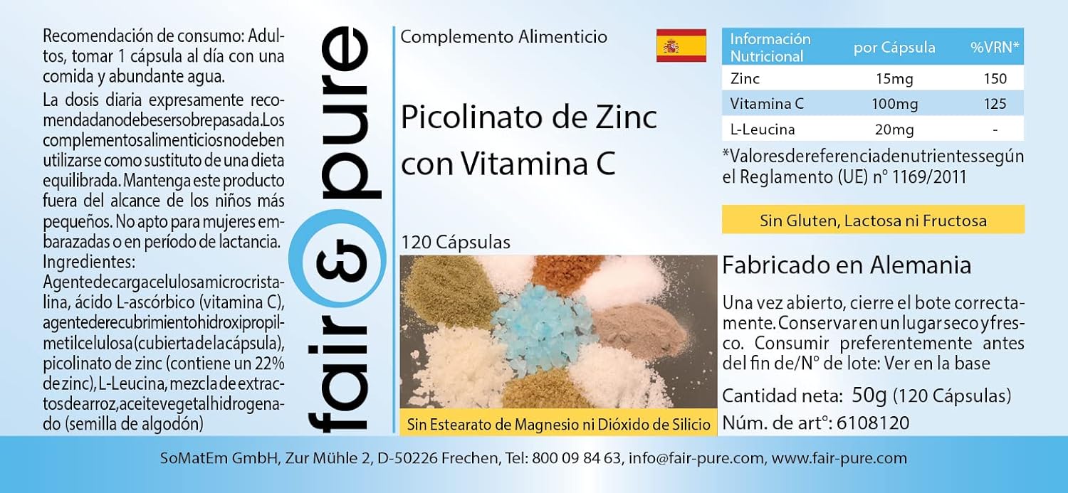 Detalle de Fair & Pure Zinkpicolinat 15 mg mit Vitamin C – 120 Kapseln, vegan & schluckfreundlich