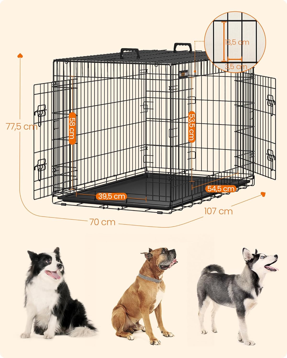 Detalle de Feandrea Gabbia per Cani Pieghevole XL 107 x 70 x 77,5 cm, 2 Porte, Vassoio Rimovibile – Nero PPD42H