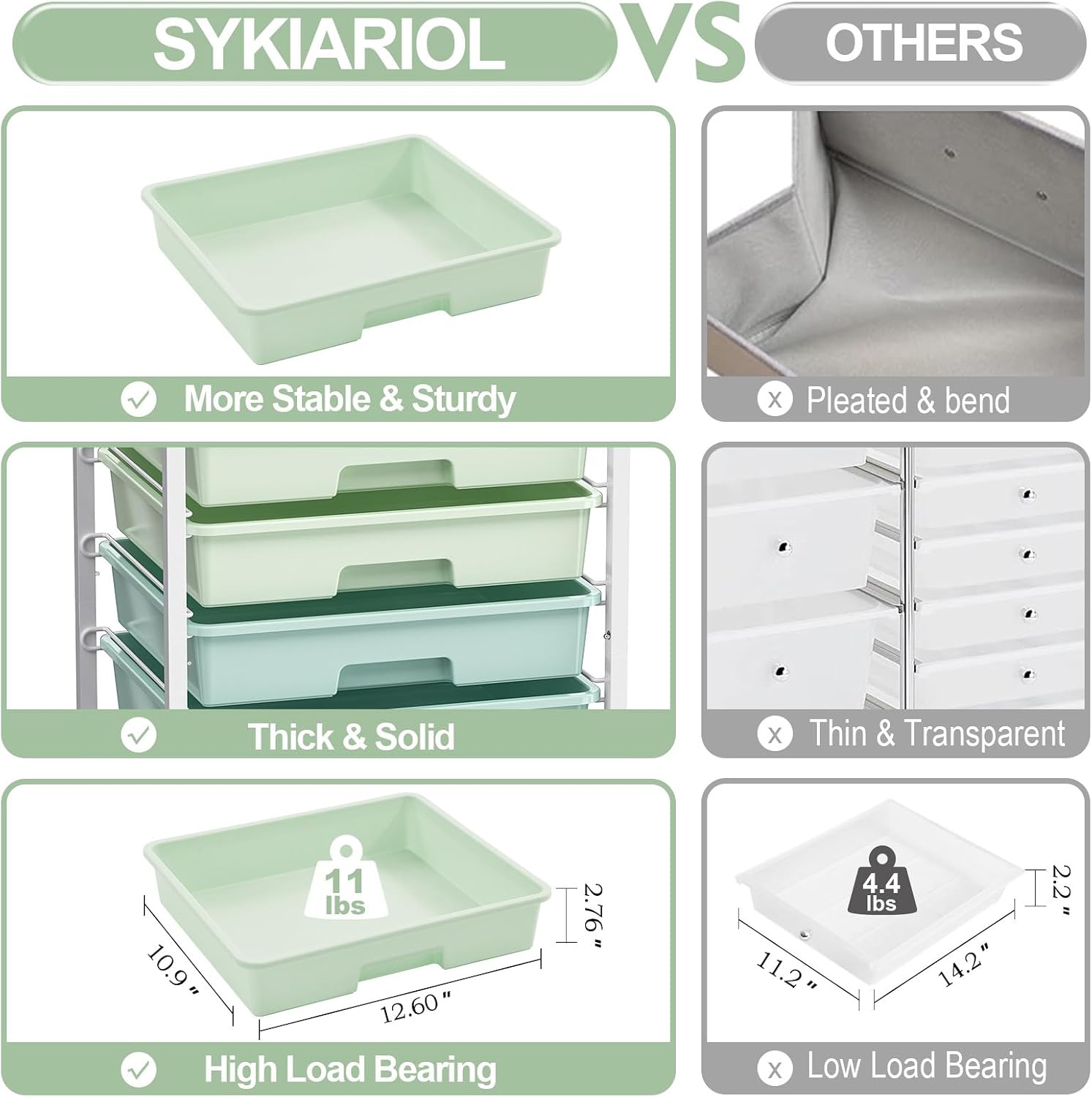 Detalle 1 de SYKIARIOL 1250-4 Rolling Storage Cart, 8 Drawers, Green, Wooden Top