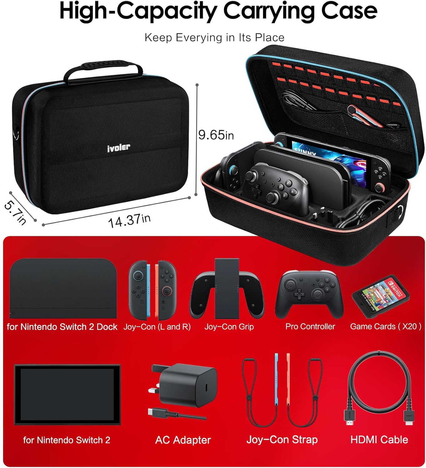 Detalle de ivoler Carrying All-in-One Case for Nintendo Switch 2, 20-game pouch