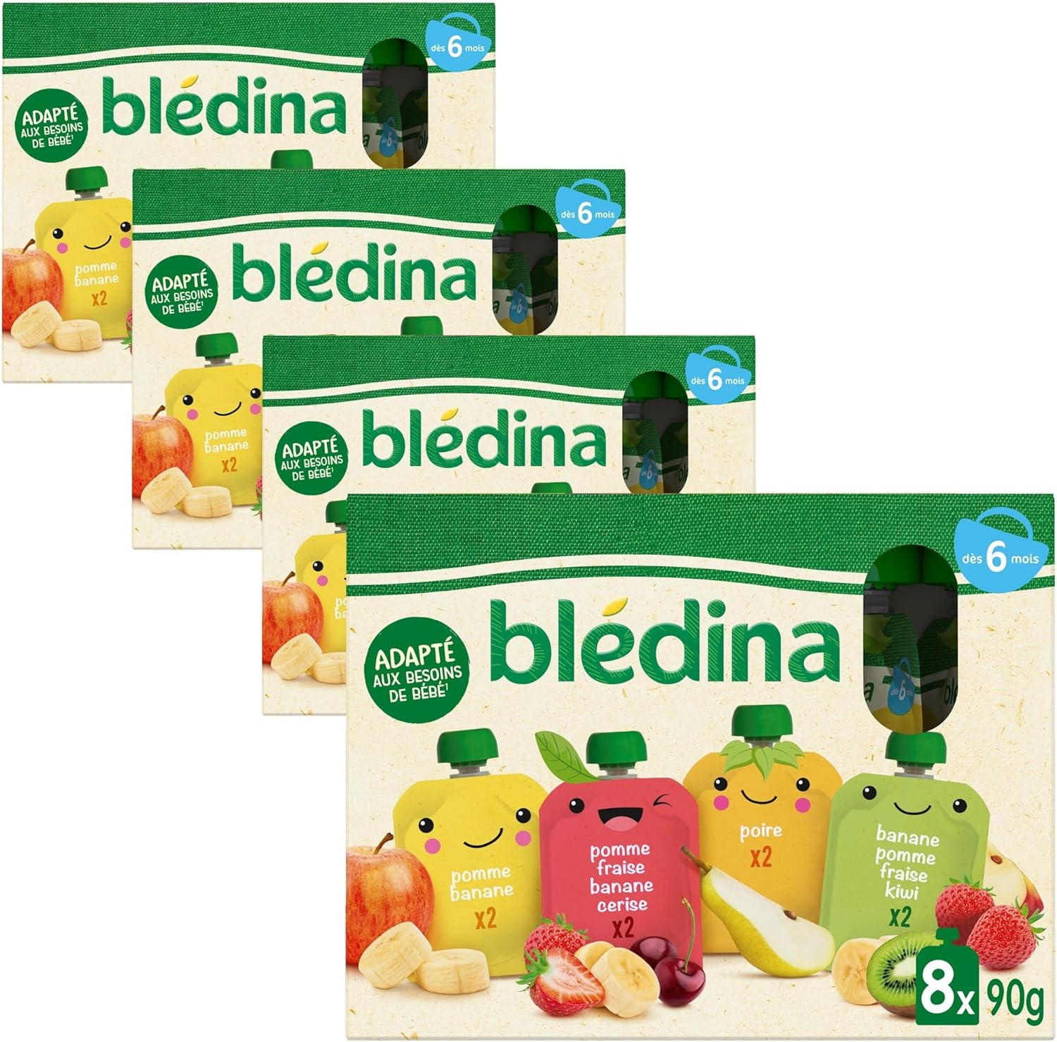 Detalle de BLÉDINA Gourdes de Purées de Fruits Bébé – 32 x 90 g (6 mois et +) : Pommes, Poires, Fraises, Cerises, Banane & Kiwi