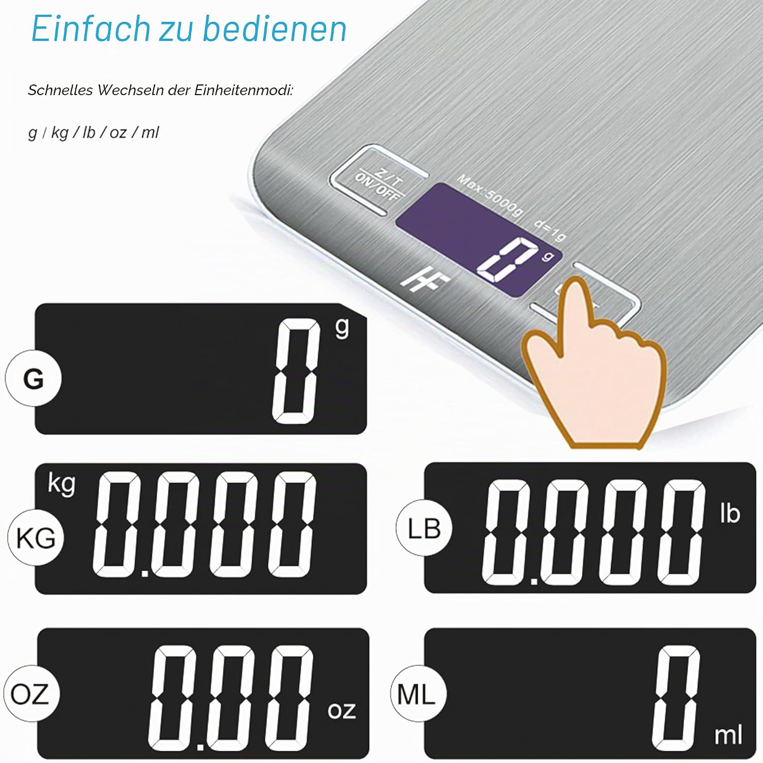 Detalle 2 de HomeFashion Digitale Küchenwaage bis 5 kg mit 1 g Schritt – Edelstahlplattform & LED-Display