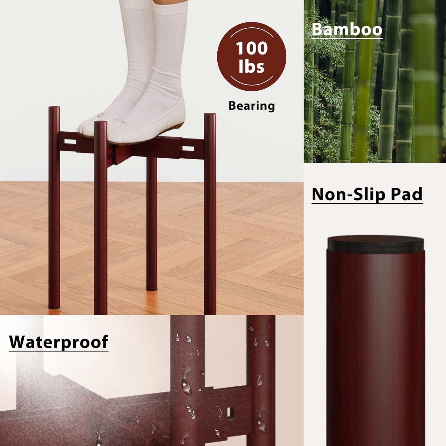 Detalle de Bamworld Adjustable Plant Stand (Bamboo) for indoor planters, width 8 to 12 inches – Reddish Brown corner stand