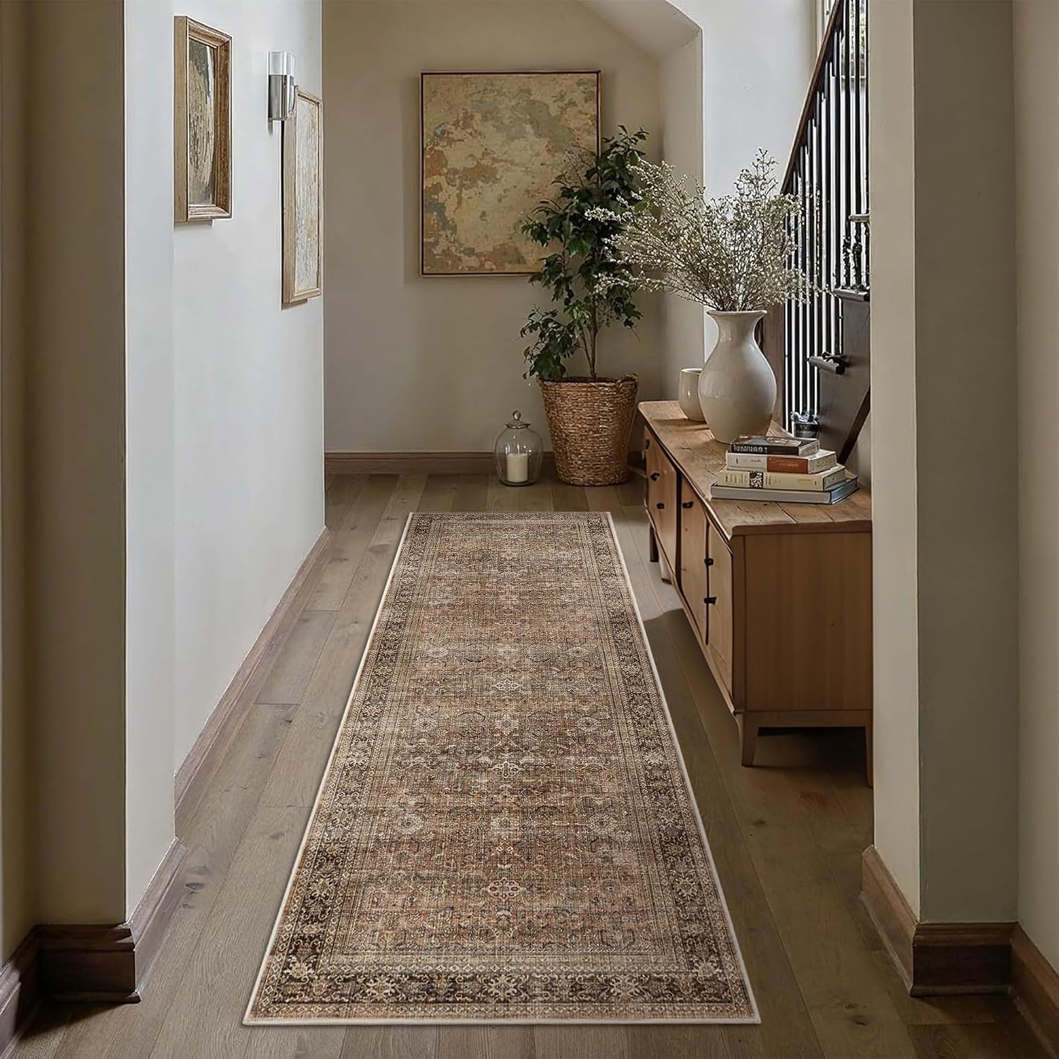 Detalle de Schweek SC3001-Brown-2.6x8 Runner Rug, Washable Floral, Non-Slip Brown