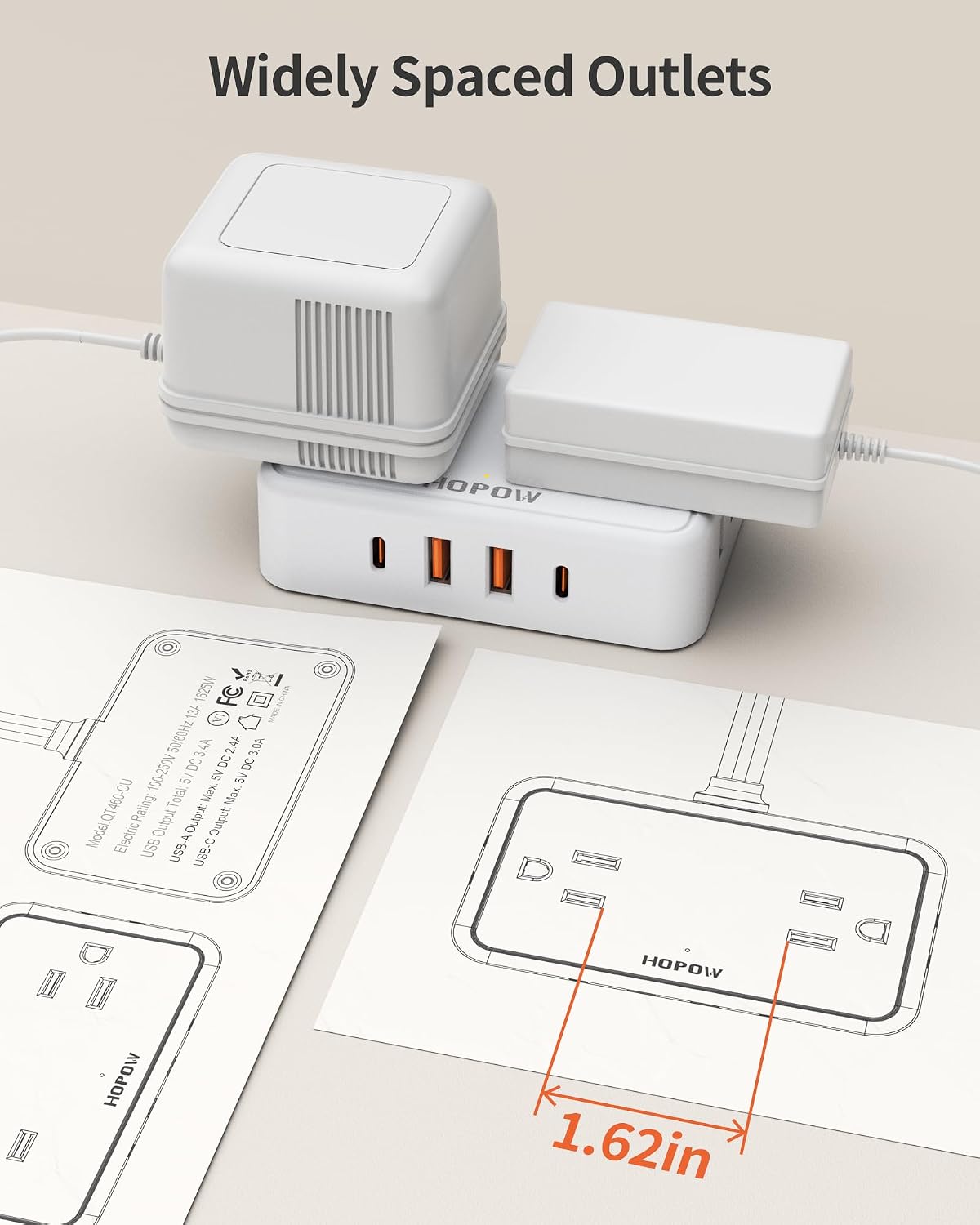 Detalle 2 de HOPOW QT460-CU Power Strip with Flat Plug, 6 ft Cord and 4 AC + 4 USB Ports