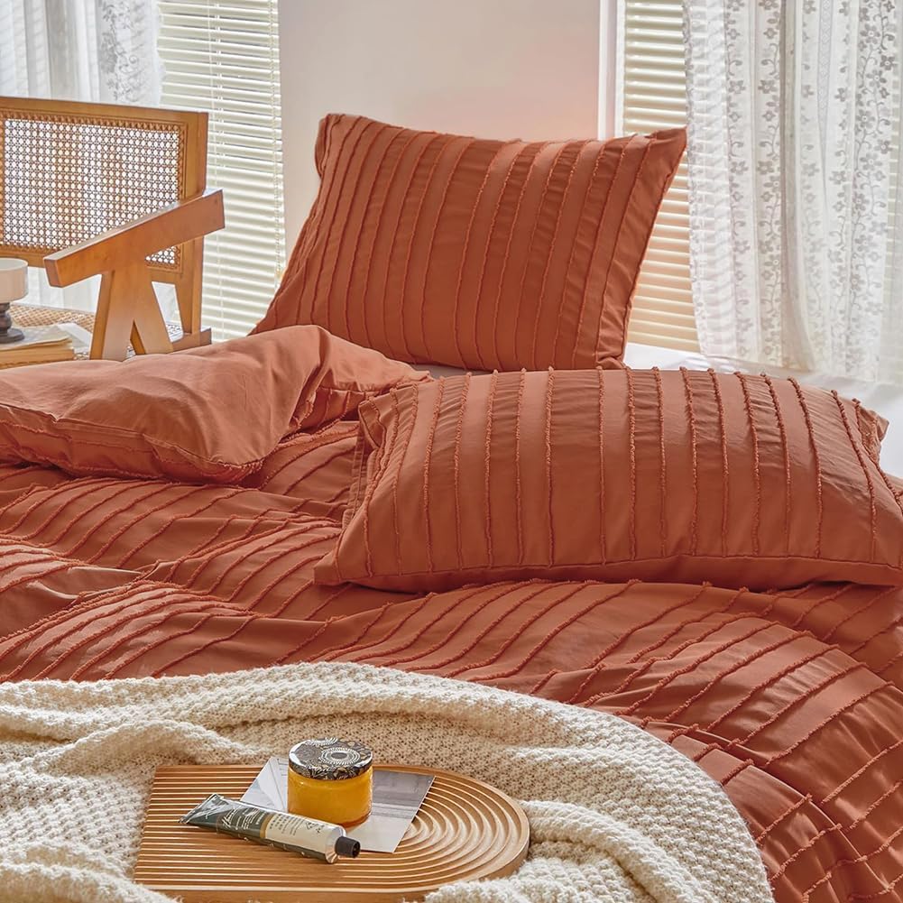 Thumbnail 1 de Michorinee Housse de Couette 200x200 Tuftée Terracotta Rayée – Parure Pour 2 Personnes avec Fermeture Éclair
