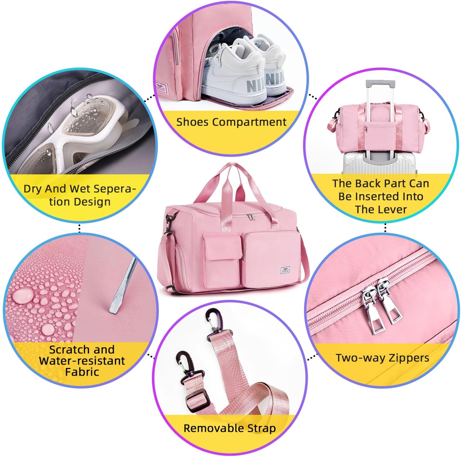 Detalle de FIORETTO Duffle Gym Bag with Wet Pocket & Shoe Compartment – 30L, Pink