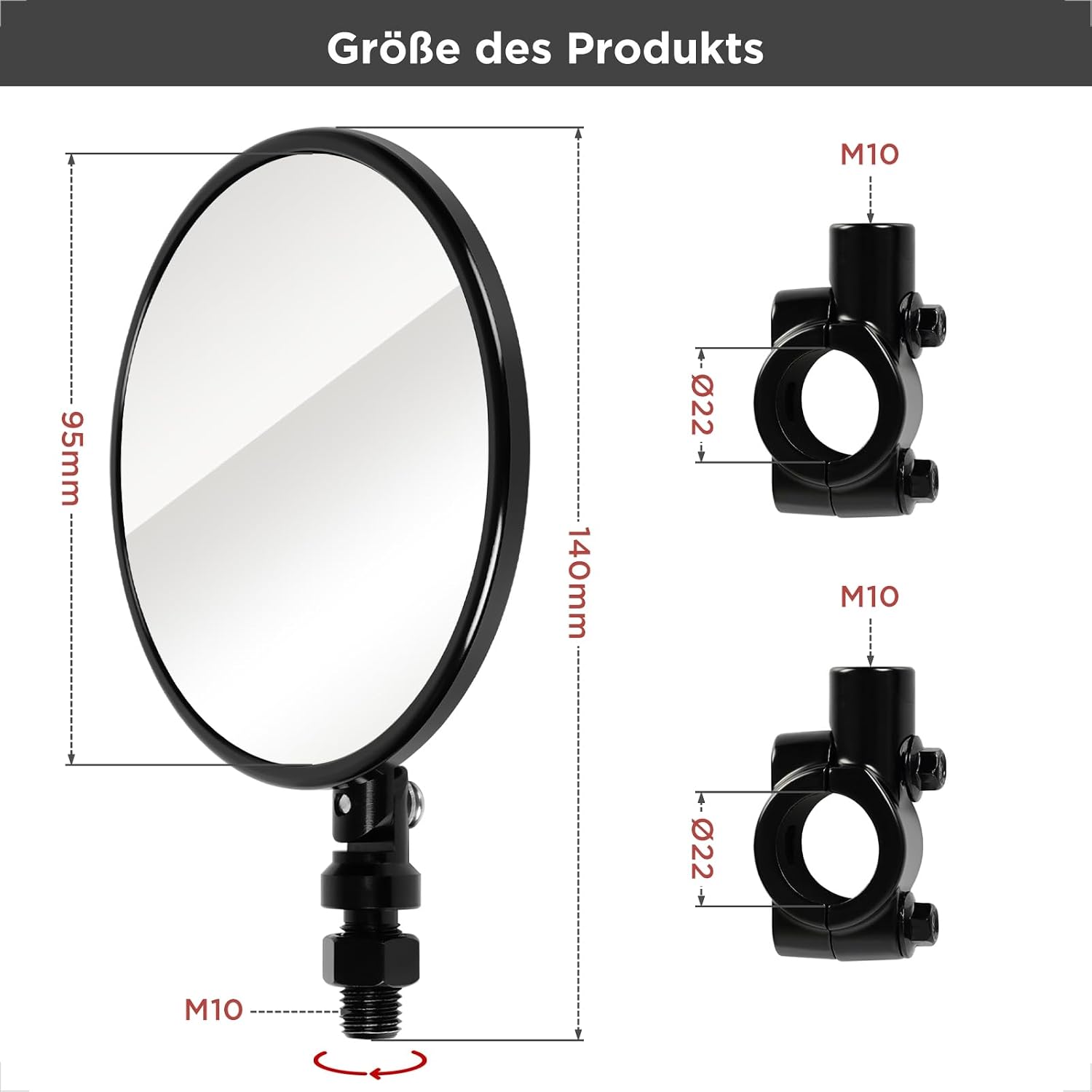 Detalle de evermotor Motorradspiegel E-geprüft (E24) – CNC Lenkerendenspiegel Ø95 mm, 360° verstellbar, für Ø22 mm Lenker (Paar)