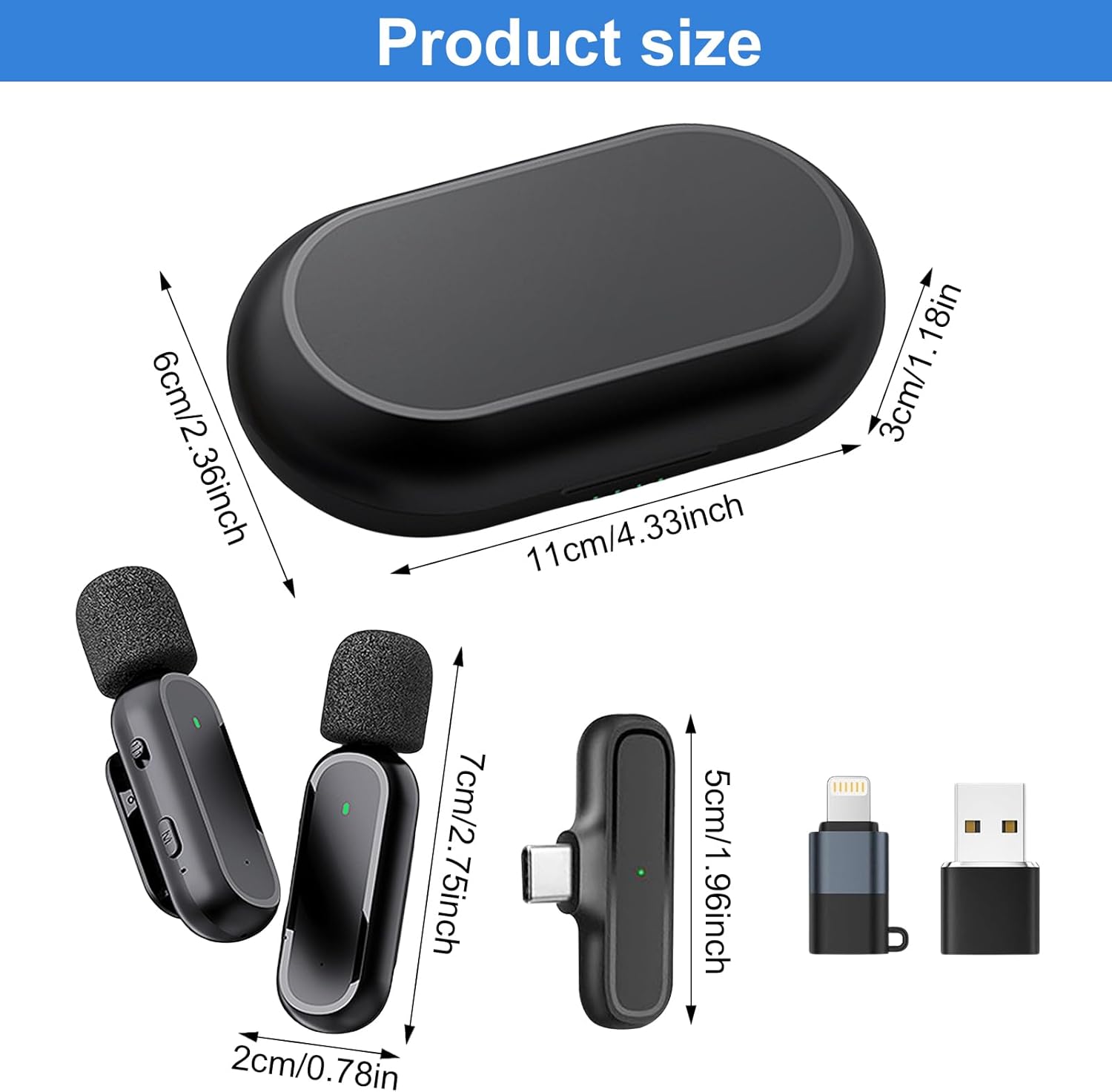 Detalle 2 de 2er-Set kabellose Lavalier-Mikrofone für Android – Plug & Play, mit Adapter, 65 ft Reichweite, Rauschunterdrückung