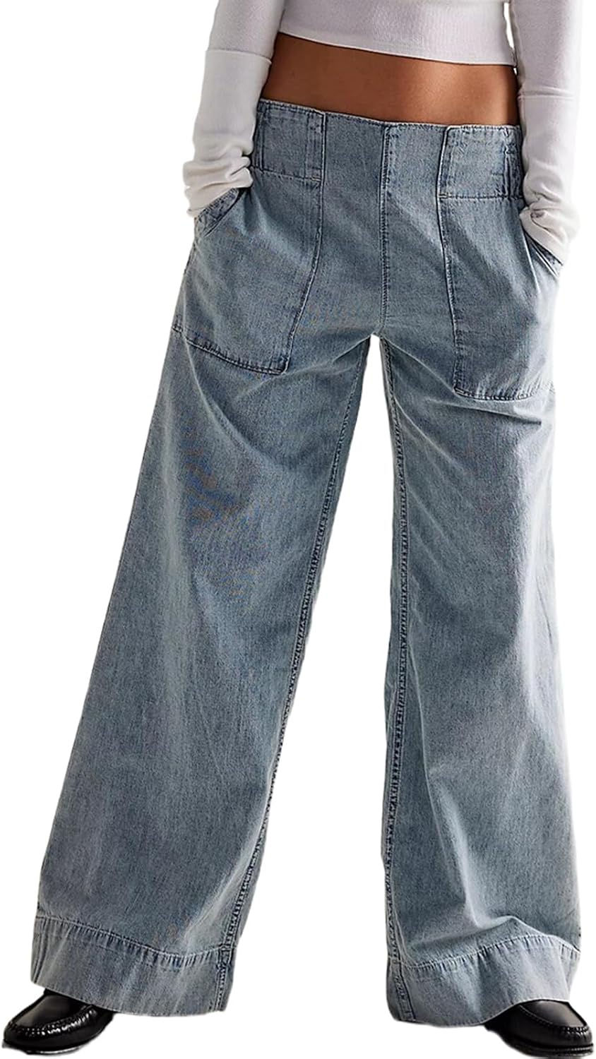 Detalle de Vidiva Women's Wide Leg Jeans: Soft Baggy Pull-On Denim for Effortless Y2K Vibe