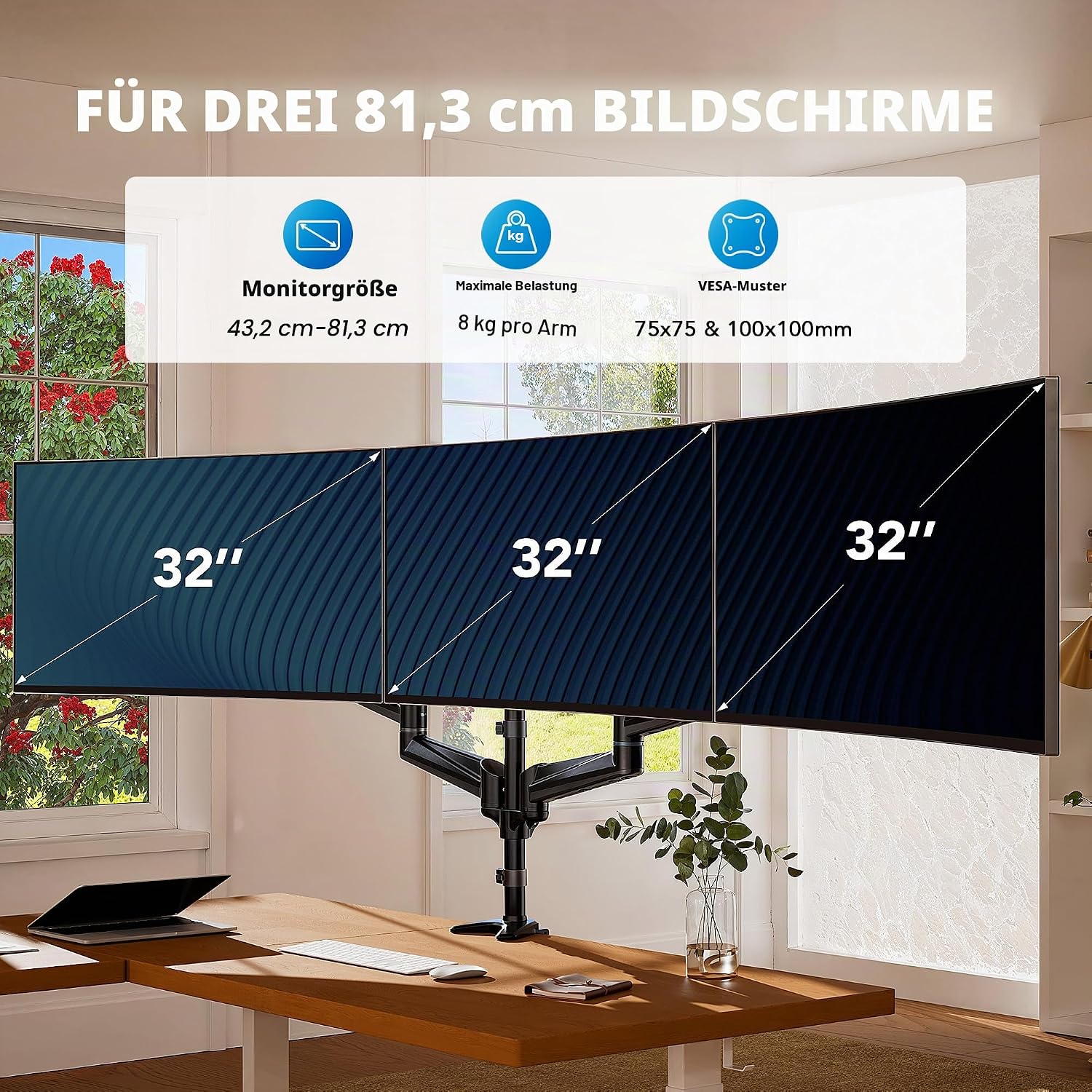 Detalle 2 de HUANUO Monitor Halterung 3 Monitore 17–32 Zoll 8 kg pro Arm