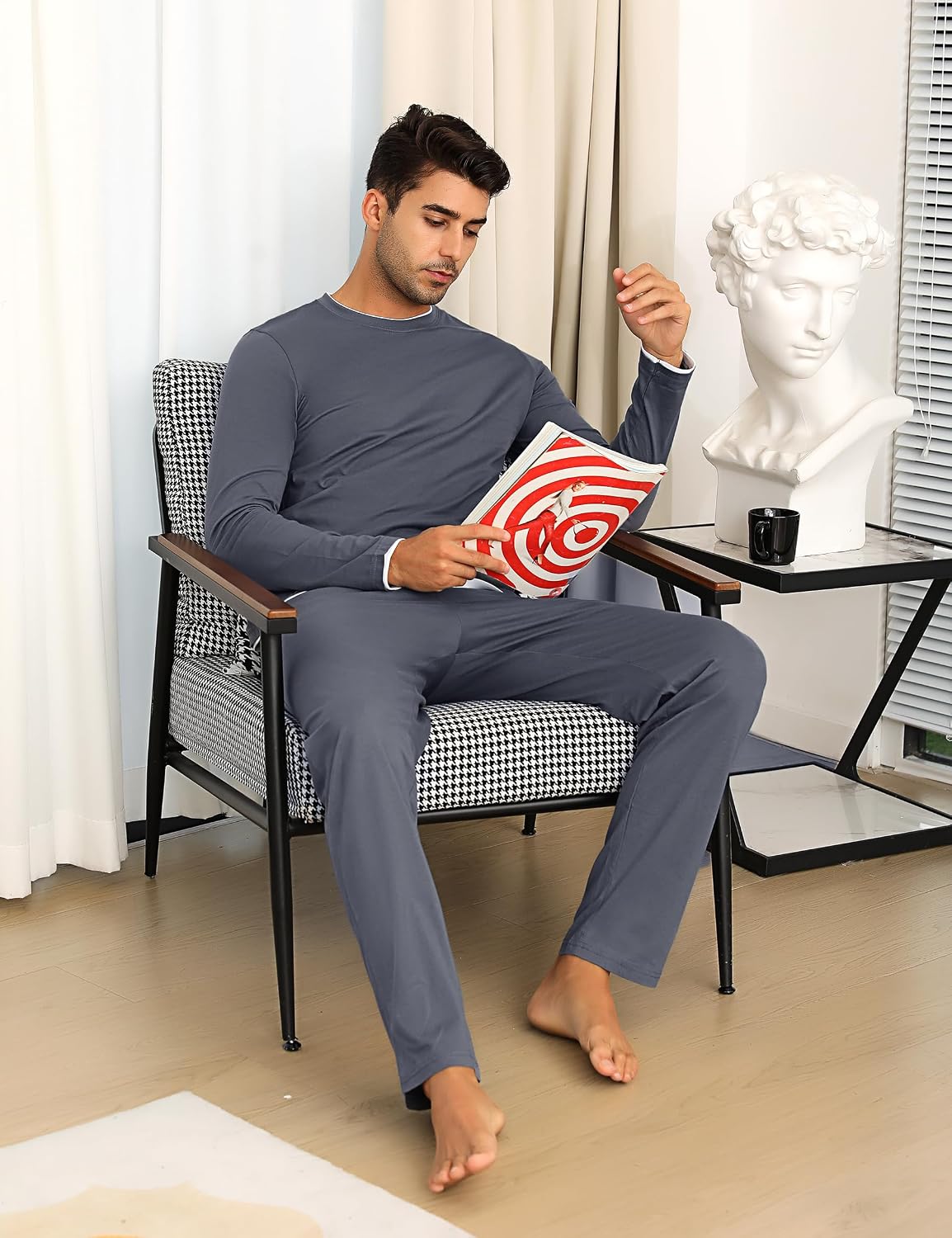 Detalle de Pyjama homme hiver Aseniza en 100% coton (manches longues, haut col rond et pantalon à cordon)