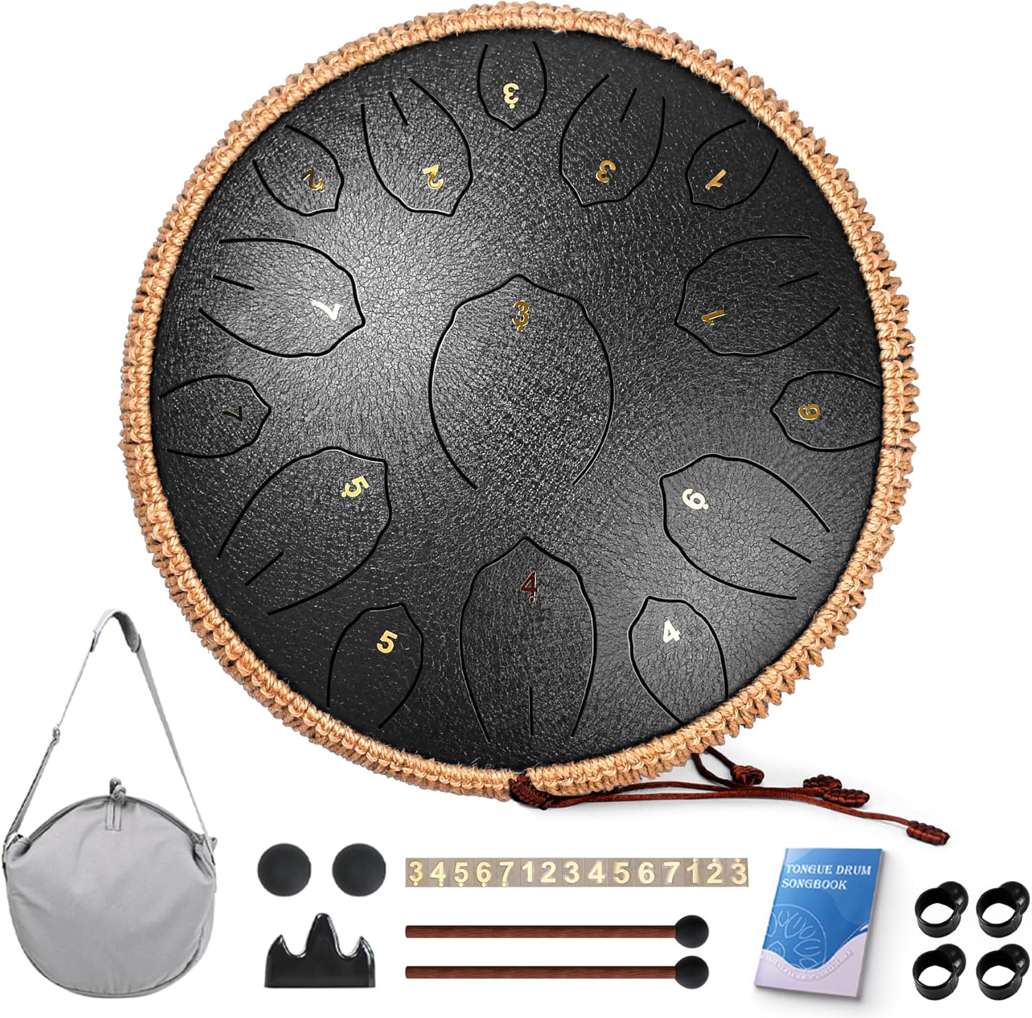 Detalle de Steel Tongue Drum 14 Inch, 15 Note (C Major) with Music Book, Mallets & Carry Bag