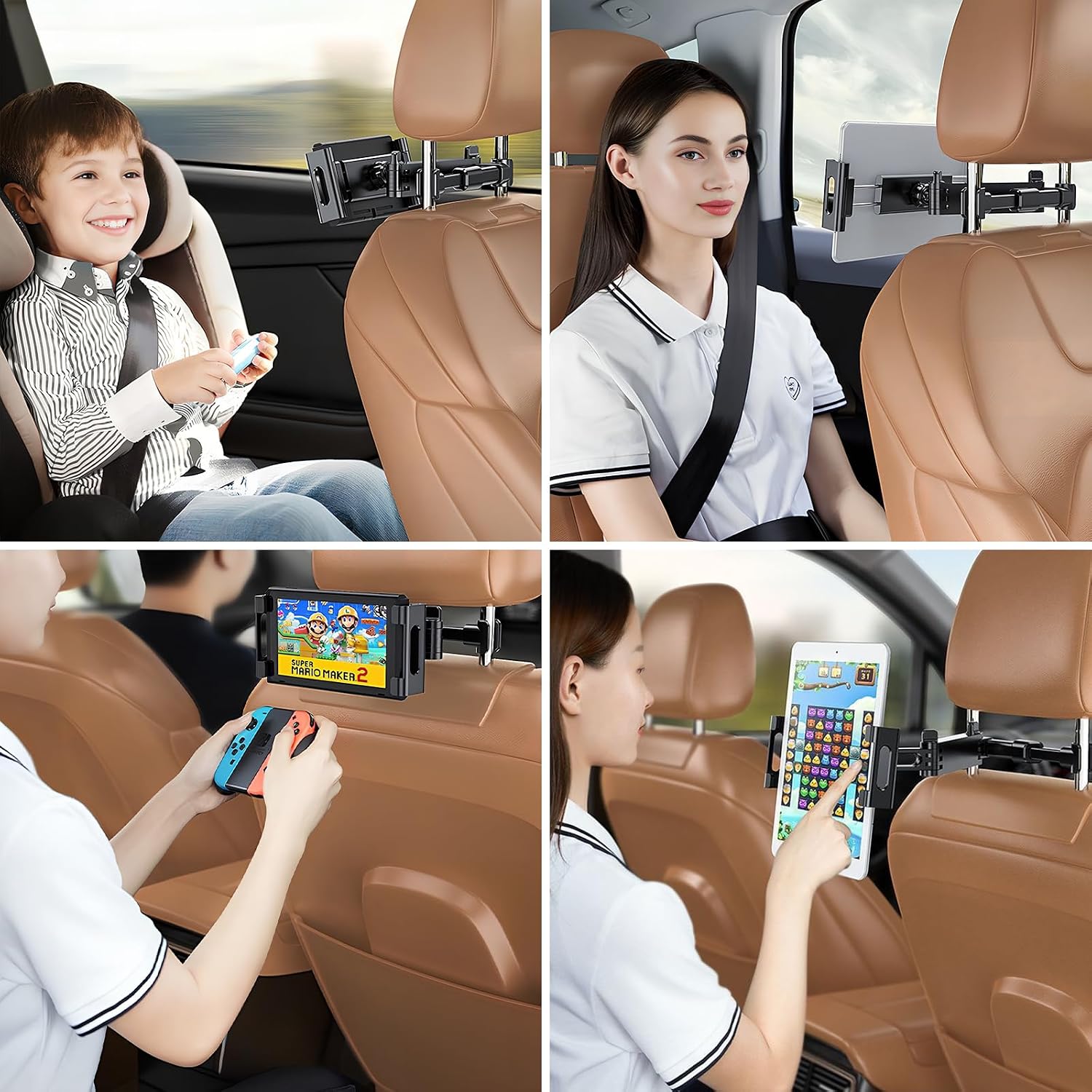 Detalle 2 de Marjoramy Car Headrest Tablet Holder with 360° Swivel Mount (Universal 4.7–12.9" tablet size)