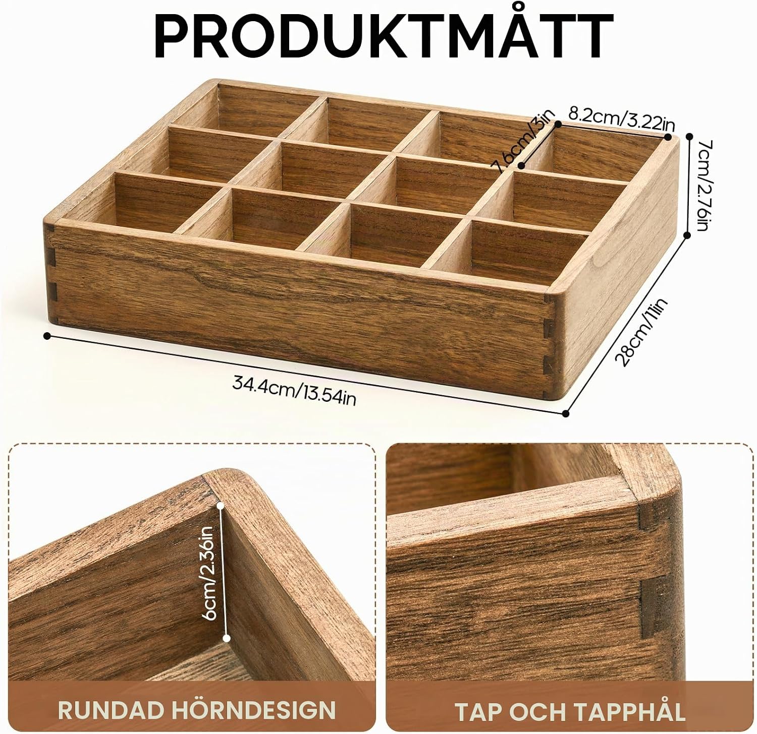 Detalle de KIRIGEN tebox i trä med 12 fack och lock, 34,4 × 28 cm