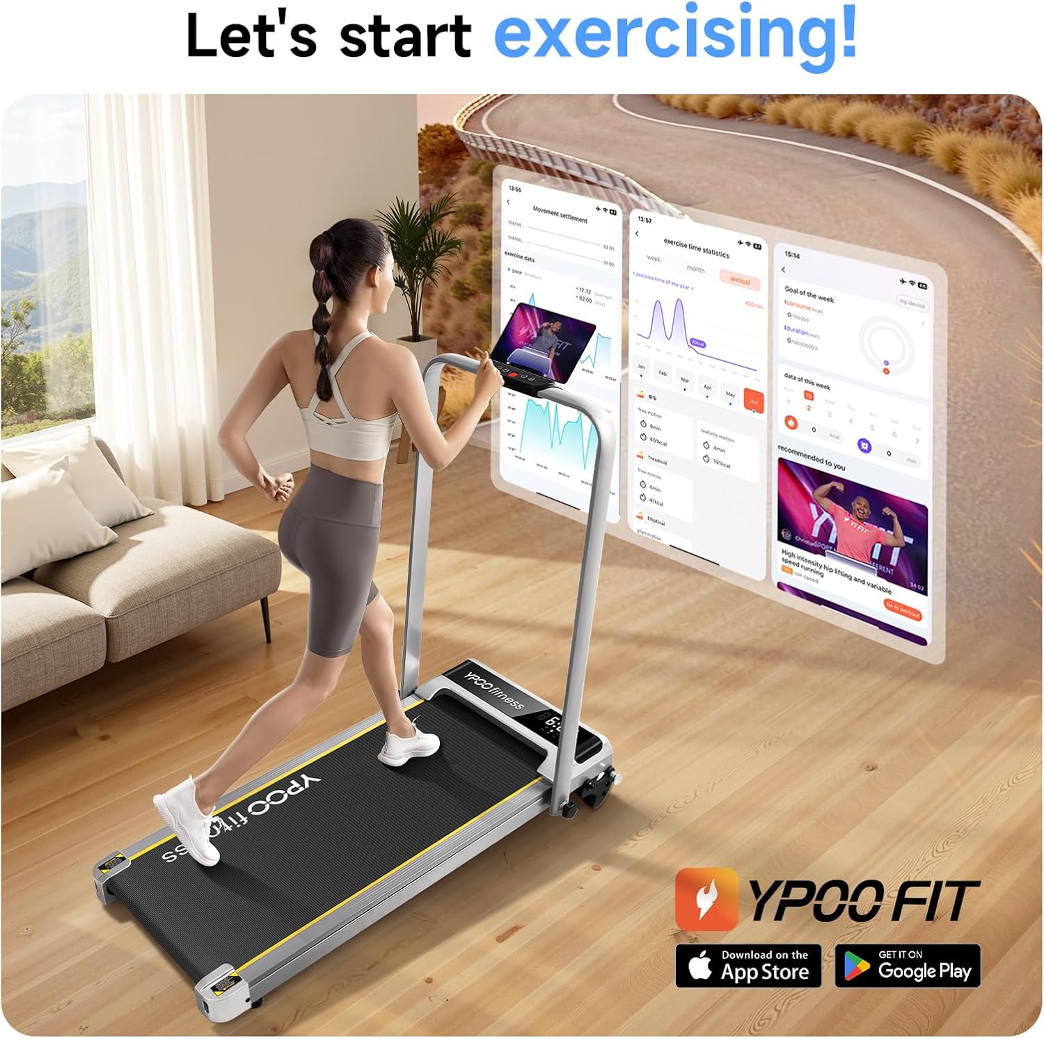 Detalle de YPOO M4538J Foldable Walking Pad Treadmill with Handlebar and 3-Level Incline
