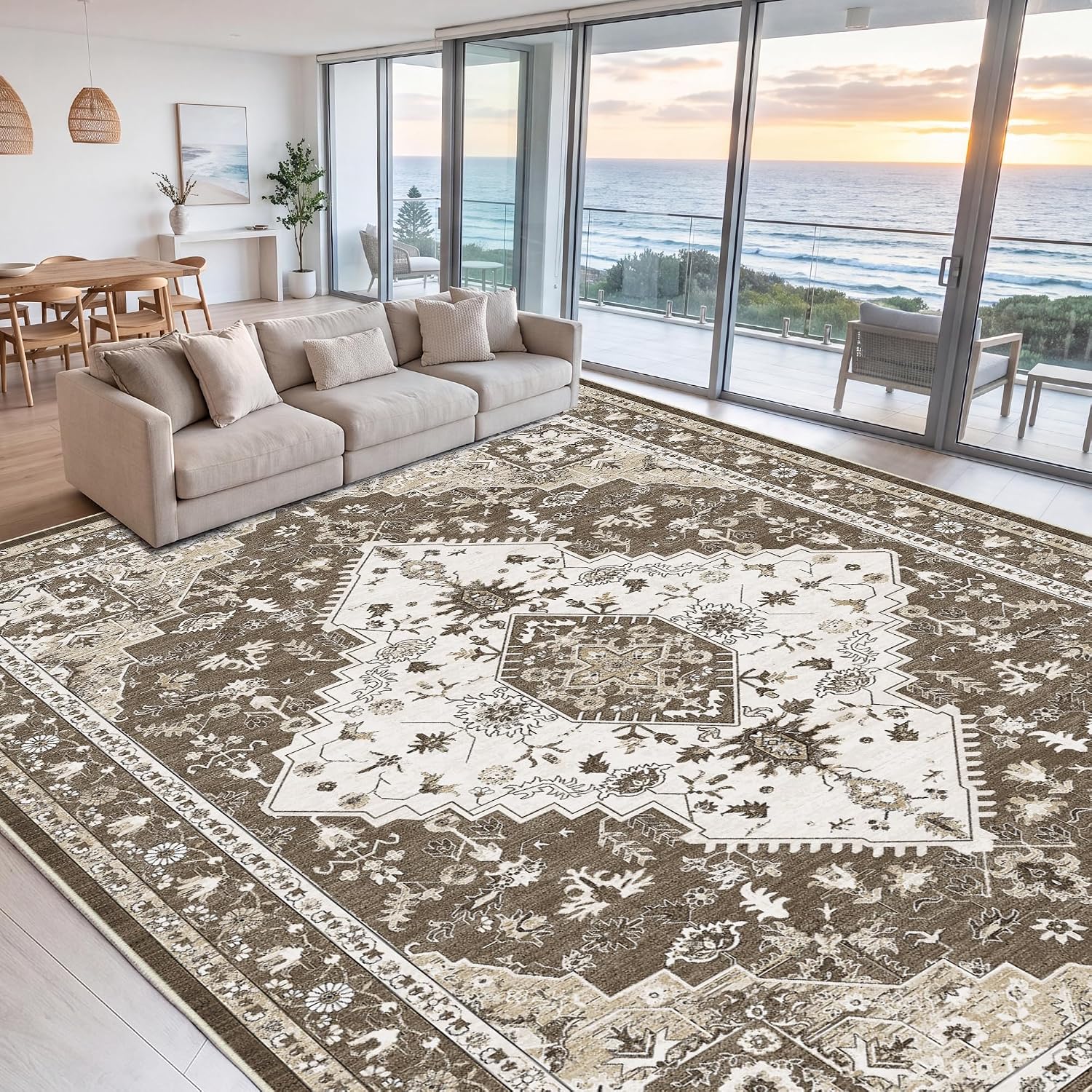 Thumbnail 6 de LIVELYGLOW 8' x 10' Washable Area Rug, Low-Pile Medallion Print, Beige/Brown