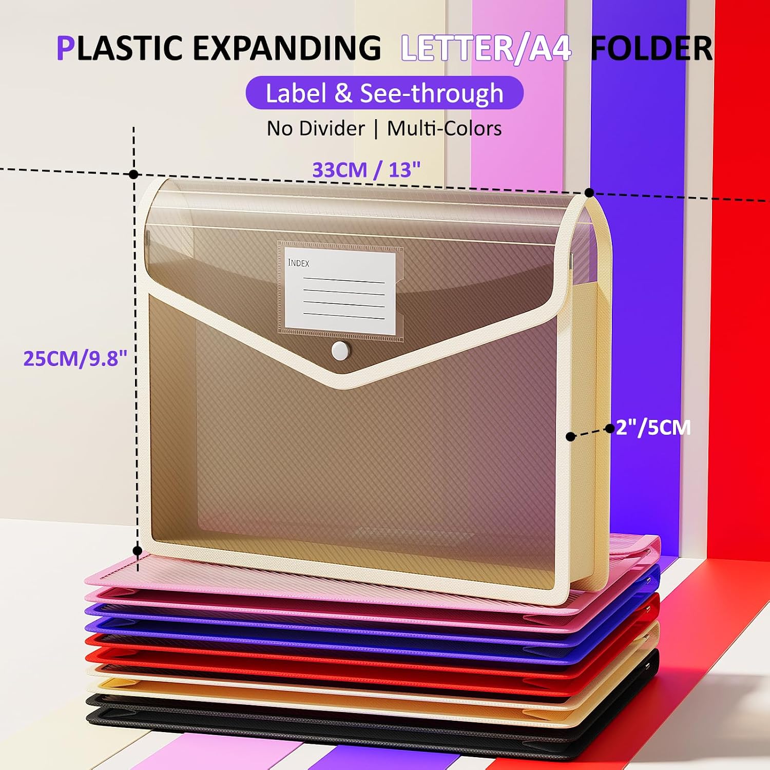 Detalle 2 de ThinkTex Plastic Expanding File Folder (5 Pack) – Transparent snap-closure A4/Letter document organiser