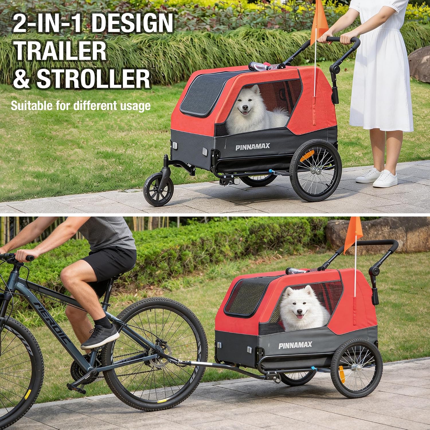 Detalle de PINNAMAX Hundeanhänger für Fahrräder – 2-in-1 Haustierbuggy & Fahrradanhänger, belastbar bis 45 kg