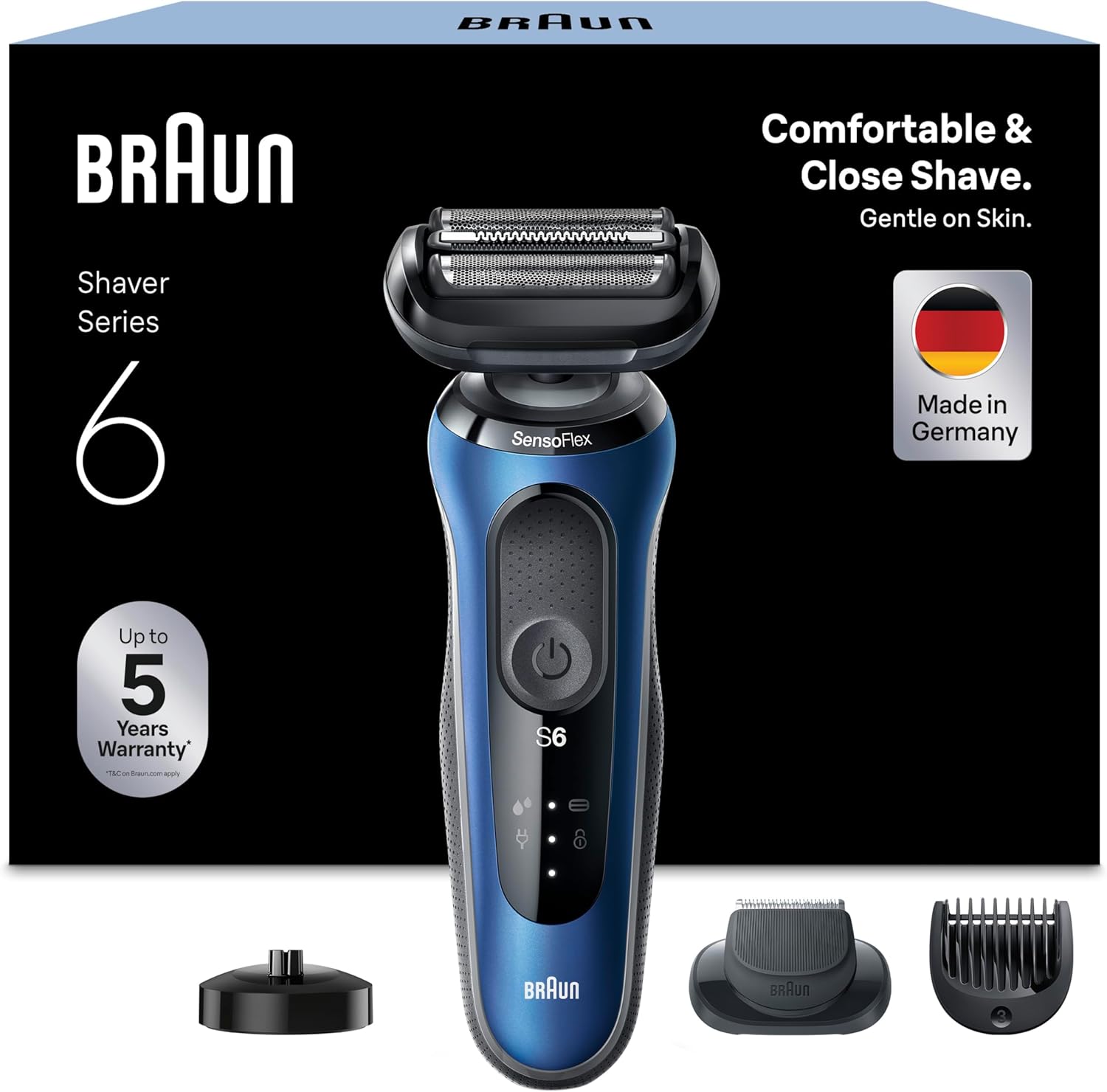 Detalle de Braun Series 6 Rasoio Elettrico Barba e Regolabarba – 61-B4500cs Blu con Base di Ricarica, SensoFlex, Wet&Dry