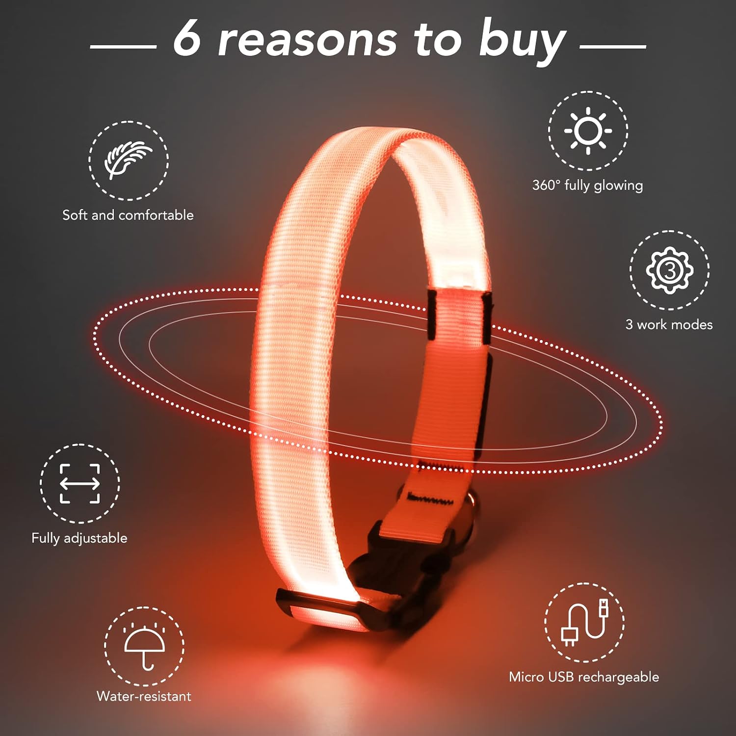 Detalle de KOSKILL Leuchthalsband für Hunde, USB-wiederaufladbar (Orange, L)