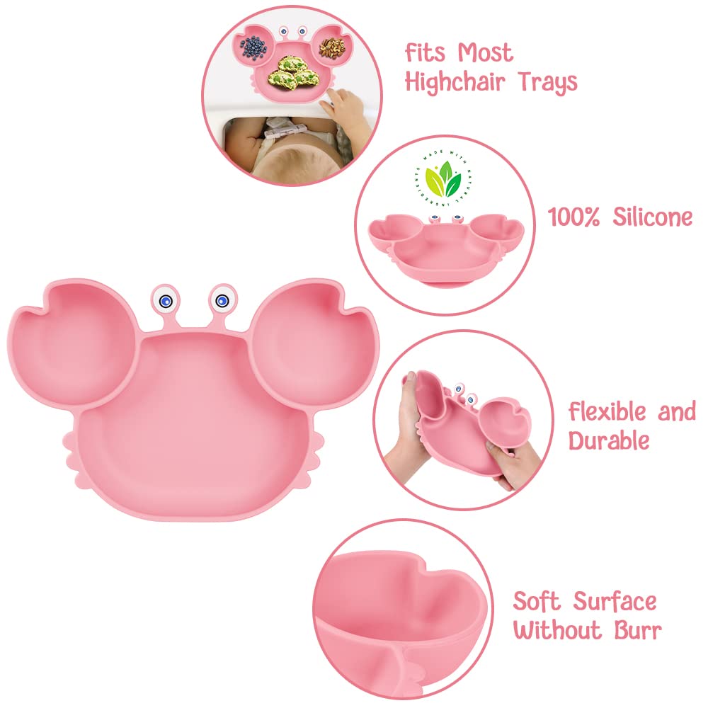 Thumbnail 2 de Vicloon Baby Teller aus Silikon mit Saugnäpfen – rutschfest, BPA-frei und spülmaschinenfest (rosa-Krabbe)