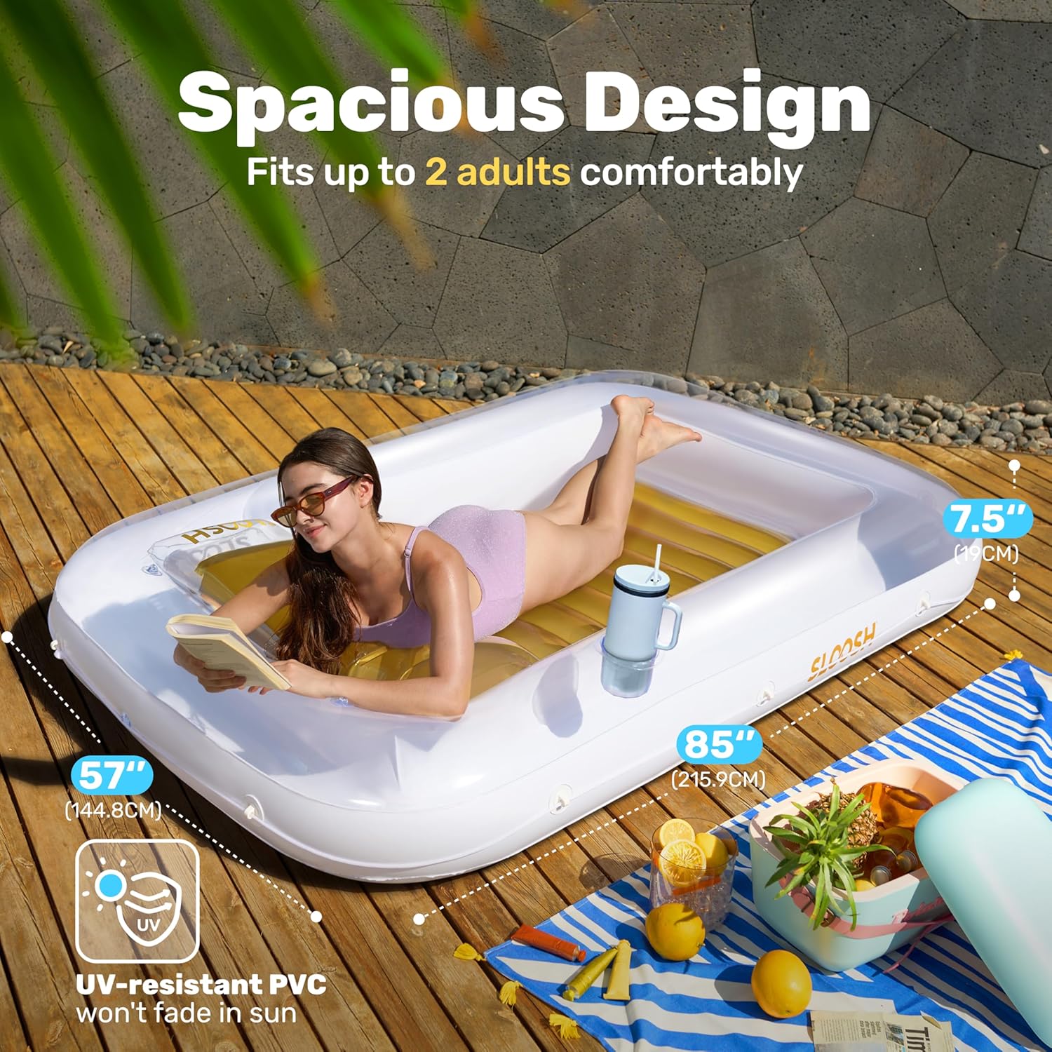 Detalle 2 de SLOOSH Inflatable Adult Tanning Pool Lounger with Pillow – XL 216 x 145 cm (85 x 57 in) in Gold/White