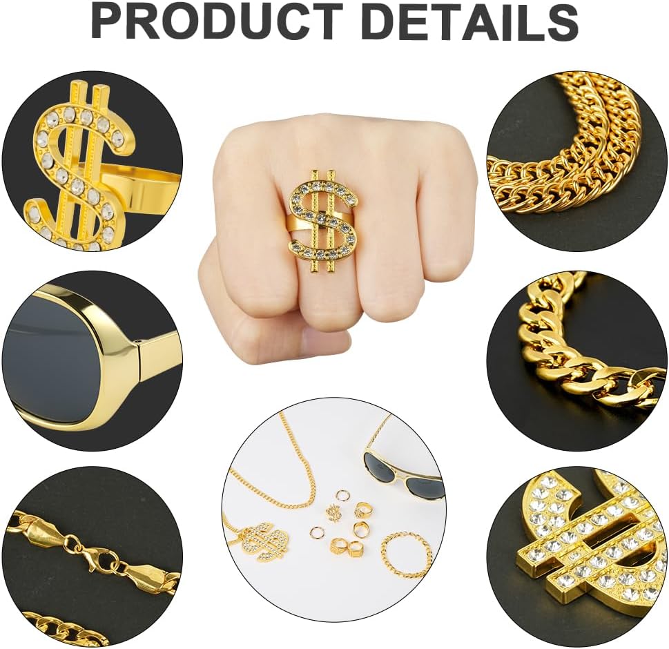 Thumbnail 3 de BSBUY 10-delige hiphop-kostuumaccessoireset met goudkleurige kettingen en ringen