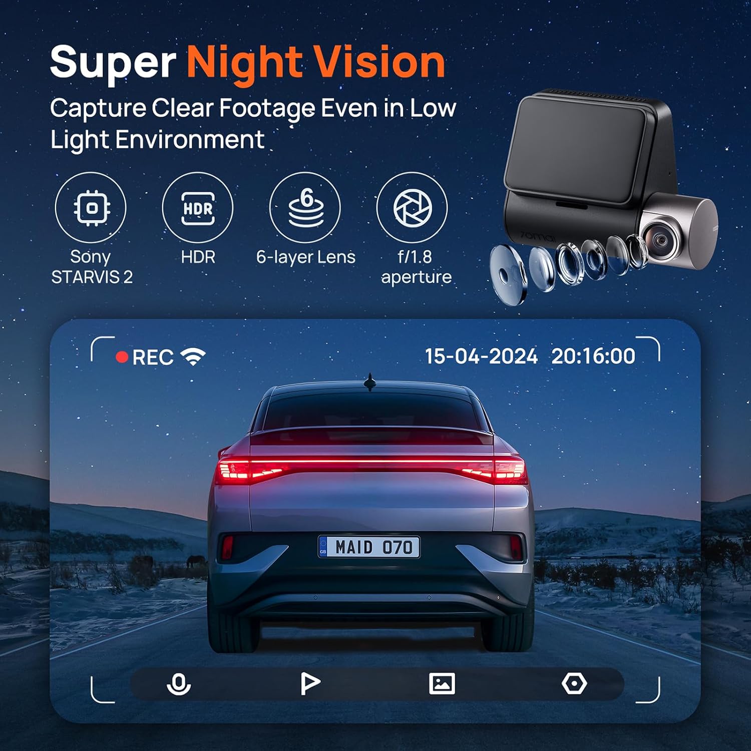 Thumbnail 3 de 70mai 2.7K Dash Cam Front and Rear A510 (1944P+1080P) with STARVIS 2, GPS, 4G LTE and 64GB card