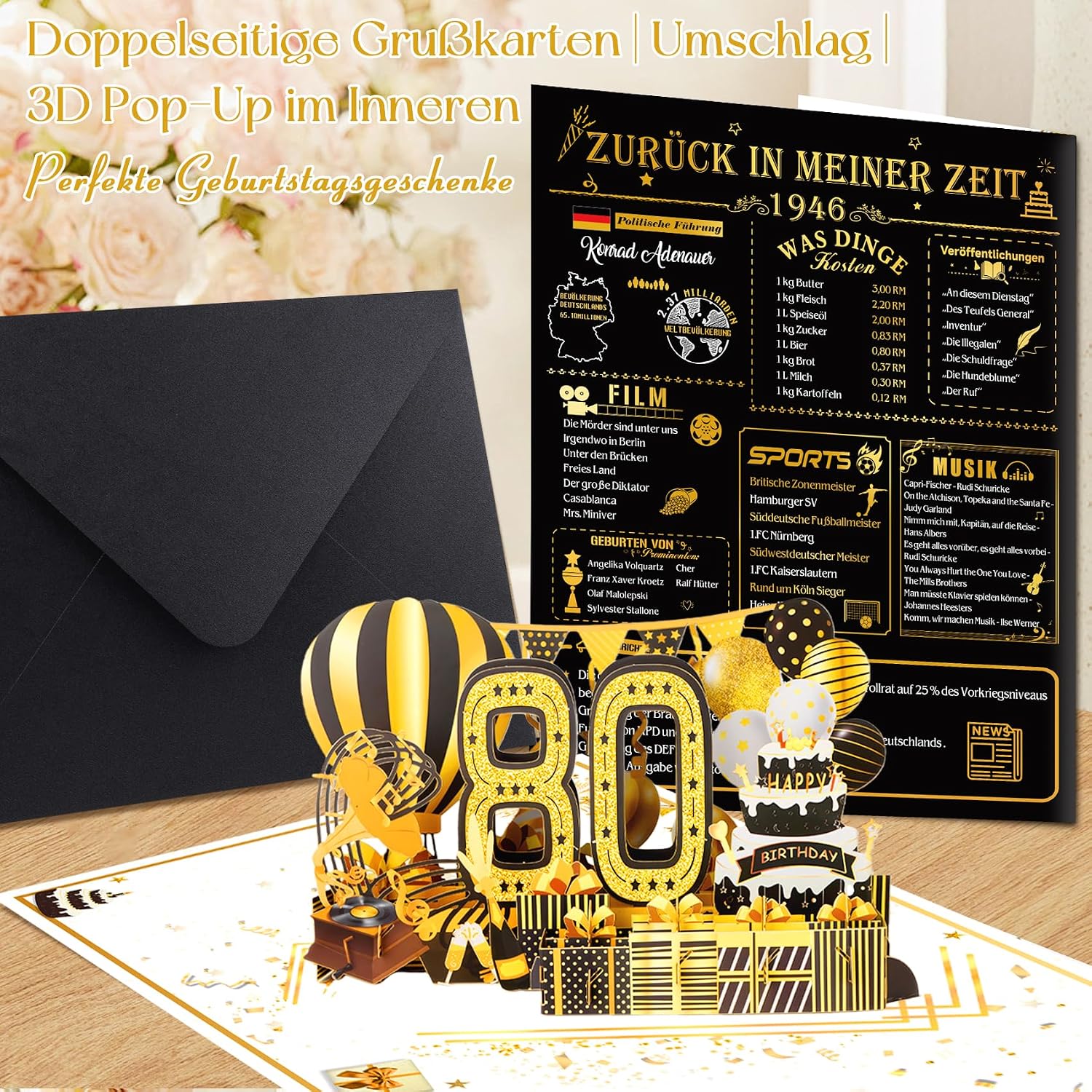 Detalle 2 de Olosong Geburtstagskarte zum 80. Geburtstag – 3D Pop-up Karte „80“ mit Umschlag