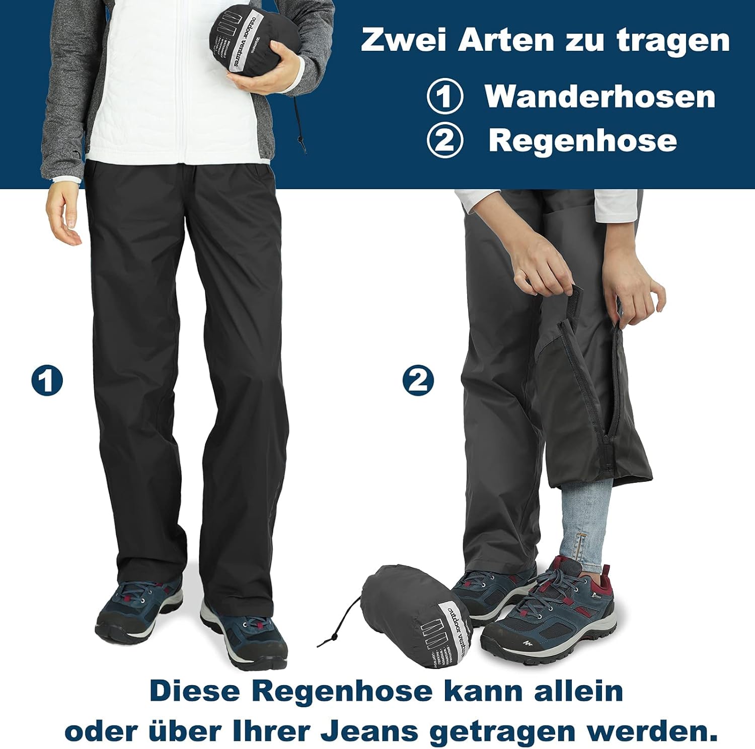Detalle de Outdoor Ventures Damen Regenhose: Wasserdicht, atmungsaktiv und packbar für Wander- und Fahrradabenteuer