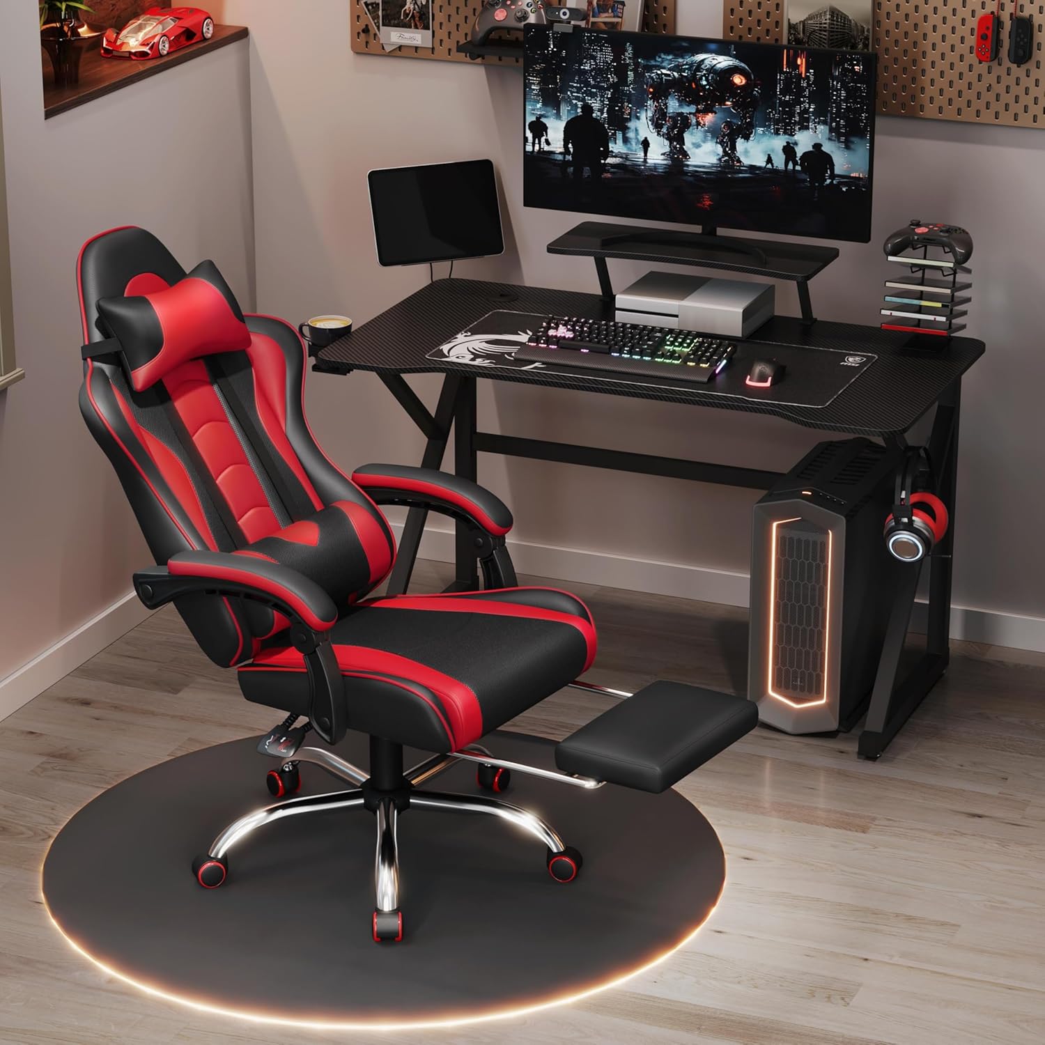Thumbnail 3 de Yaheetech Sedia Gaming Ergonomica Massaggiante Rosso