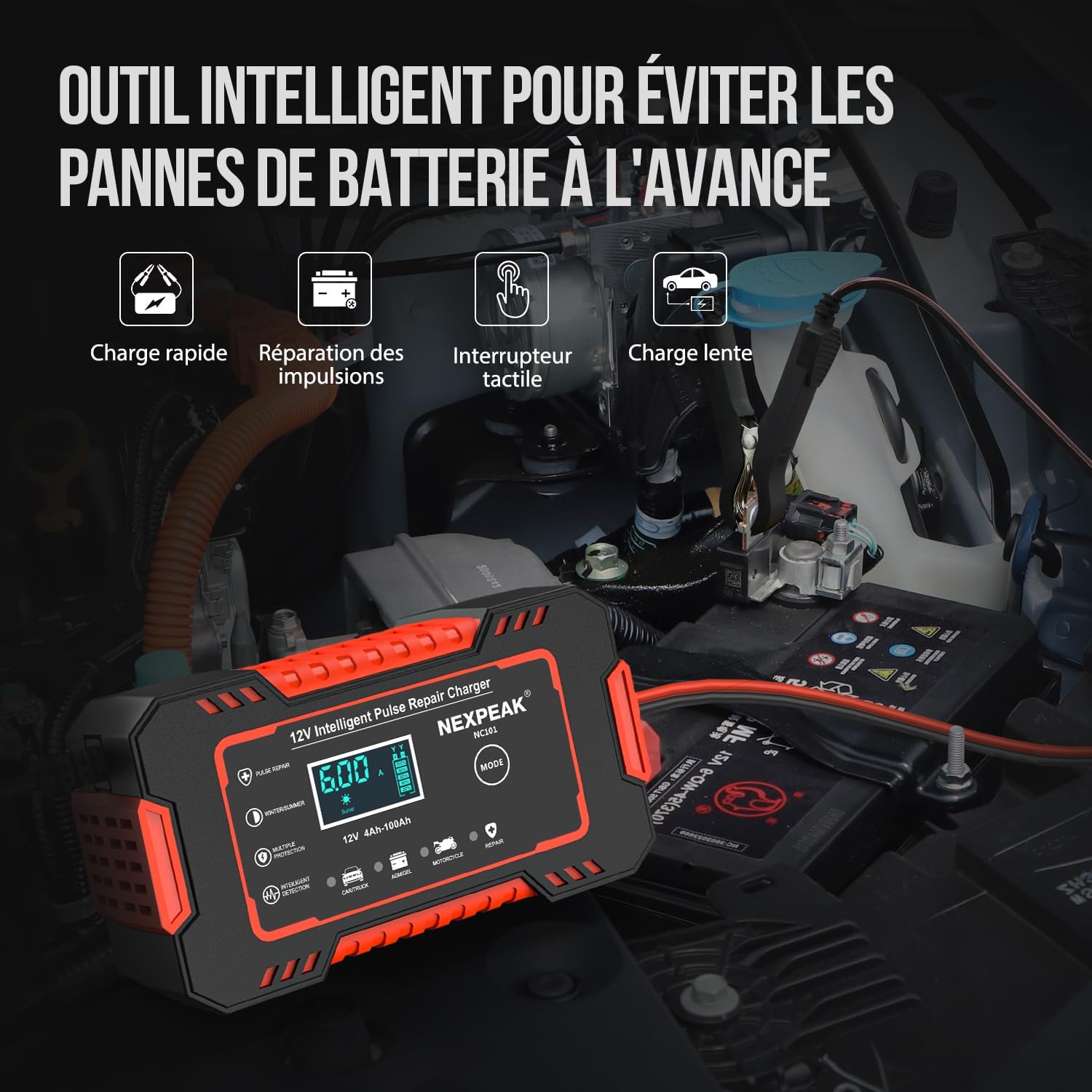 Detalle de NEXPEAK 6A Chargeur de Batterie 12V – Chargeur intelligent et réparation pour auto et moto