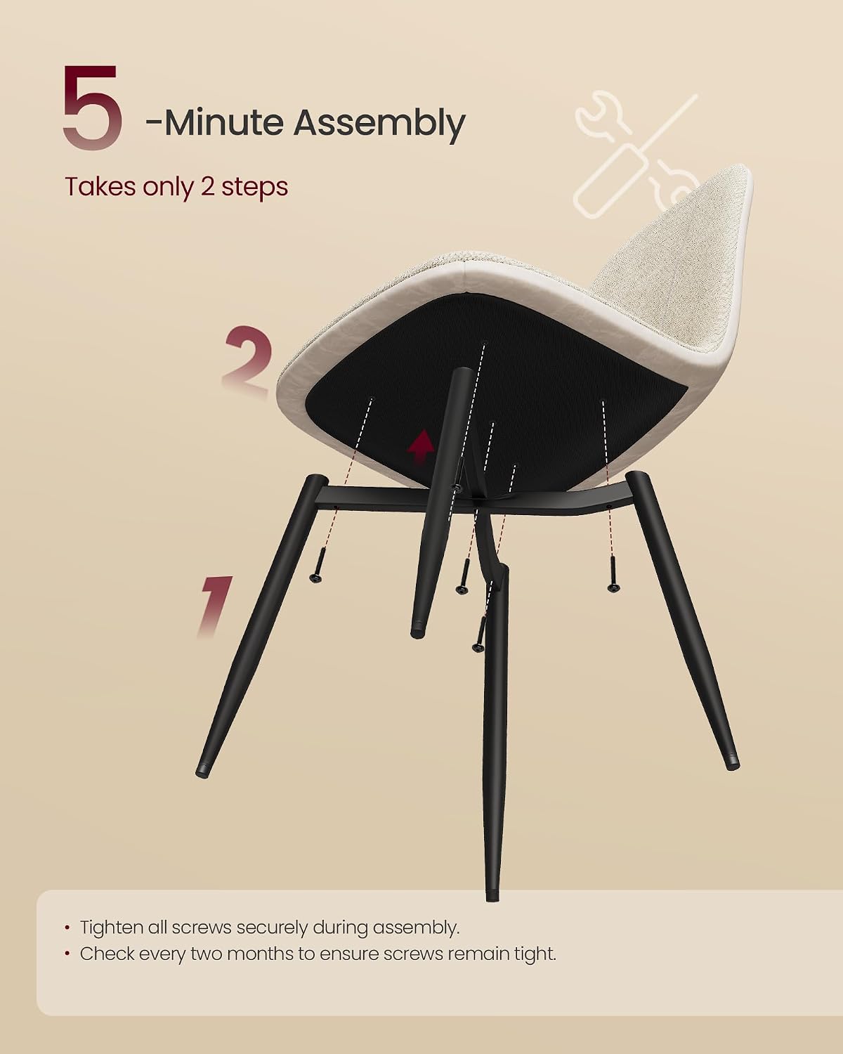 Detalle de VASAGLE UKDC188W01-1 Dining Chairs, Set of 4, Cream White, Steel Frame